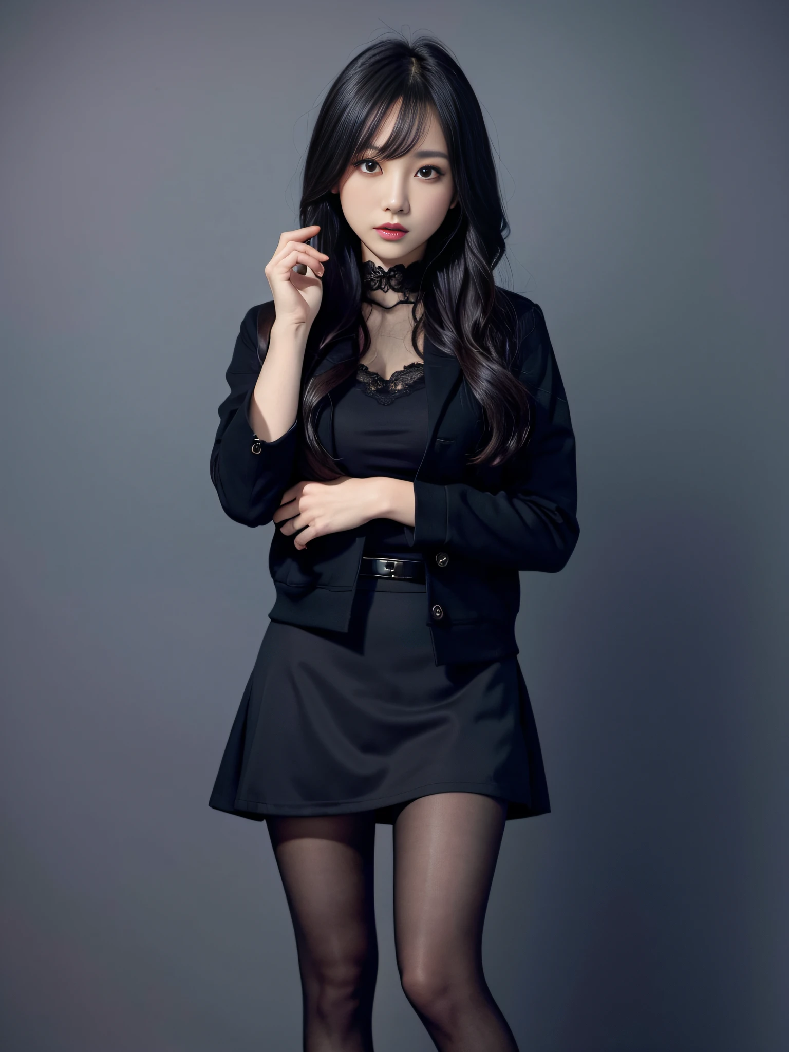 Charming beauties、black pantyhose、suits、Black pleated skirt、beauty legs、Dyed in darkness、lacy fabric、put hands forward、syringes