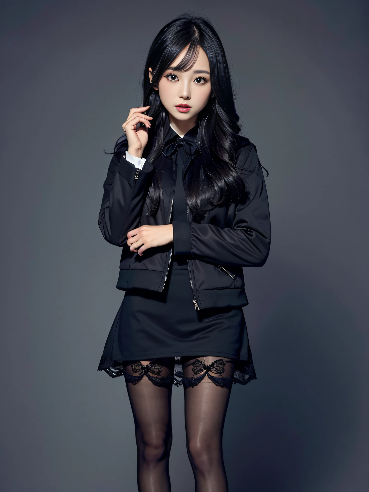 Charming beauties、black pantyhose、jaket、Black tight skirt、beauty legs、Dyed in darkness、lacy fabric