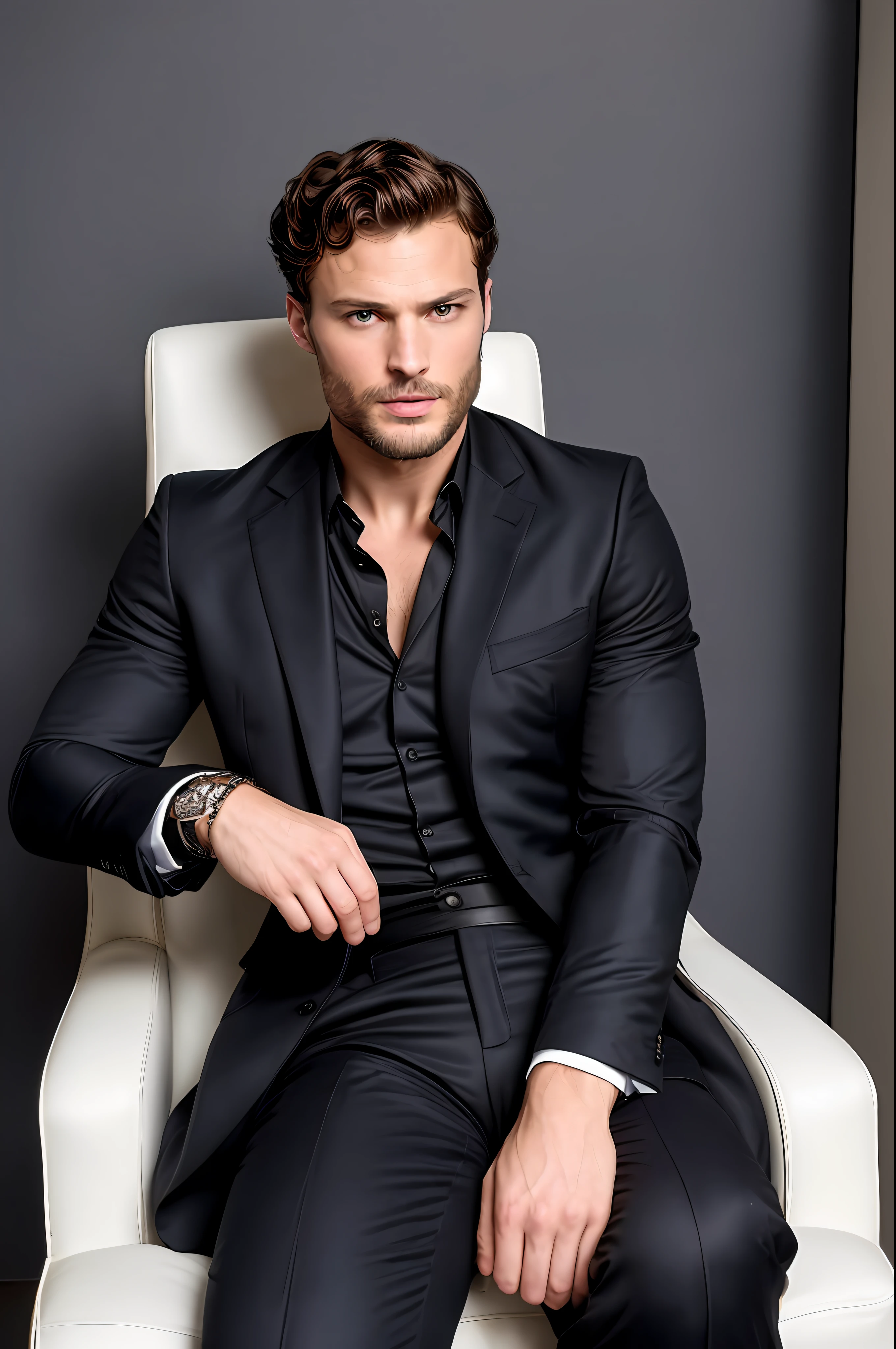 ((half body)) Photo RAW Ceo man sitting in an office chair, wearing black suit, (Using dark beard) movie scene, (Impeccable) ,Serious and elegant man, Actor Jamie Dornan, with thick male eyebrows, secret agent 007 man style, (with mysterious and serious face,) short dark hair, dark black background image,elegant and elegant, Man similar to actor Jamie Dornan, ( high quality and realistic image), ((Best Quality, 8k, Masterpiece).