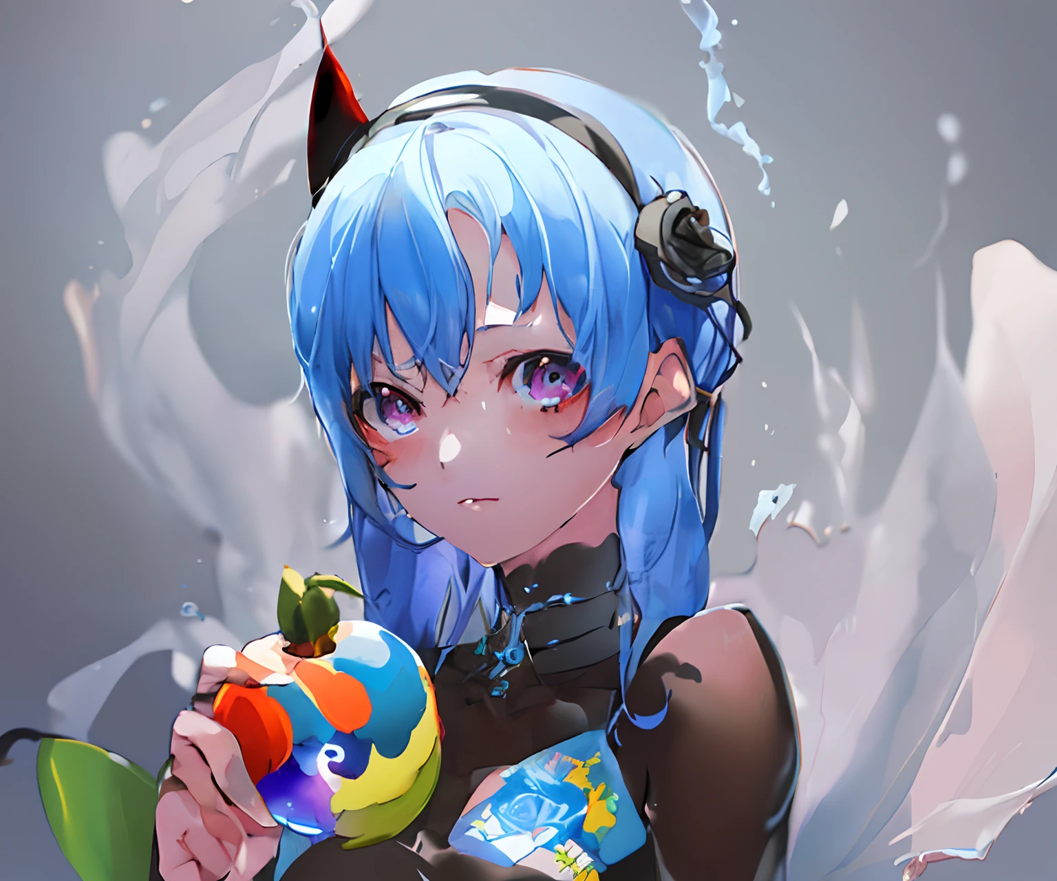 Anime girl with blue hair and a black dress holding a brown apple, Obras de arte al estilo de Guweiz, Guweiz, guweiz en pixiv artstation, Guweiz en Artstation Pixiv, Arte Zerochan, Hecho con Anime Painter Studio, Arte detallado del anime digital, Arte digital en Pixiv, Estilo anime 4K, Anime Moe Artstyle