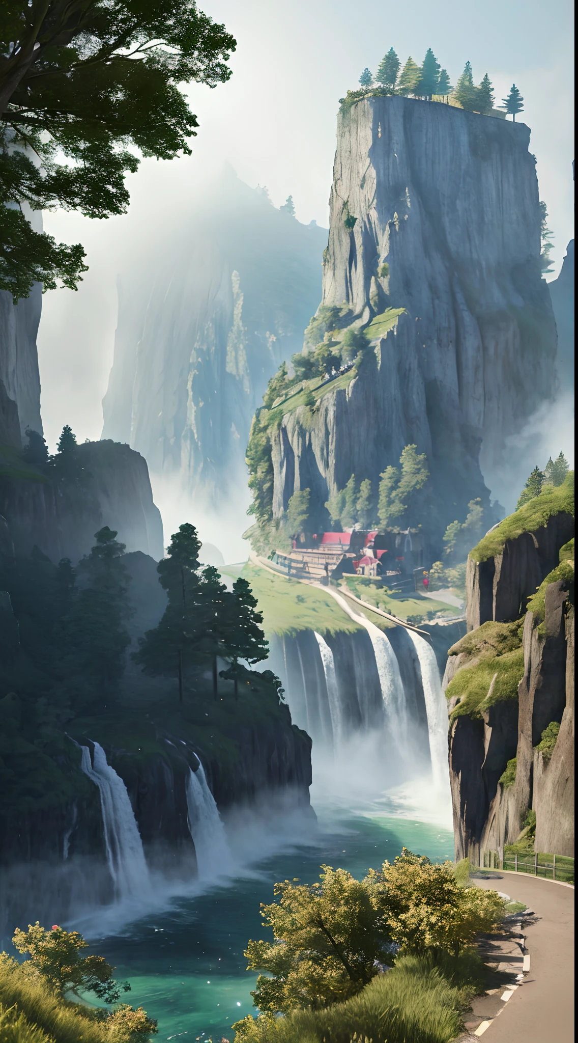 Analog style,ChromaV5,nvinkpunk,(extremely detailed CG unity 8k wallpaper),An image of a majestic river, trees on the sides, tiny waterfall, intense fog ,award winning photography, Chromatic Aberration, Detailed , HDR, Bloom, style by Monet, Pissarro, and Sisley ,trending on ArtStation, trending on CGSociety, art by midjourney