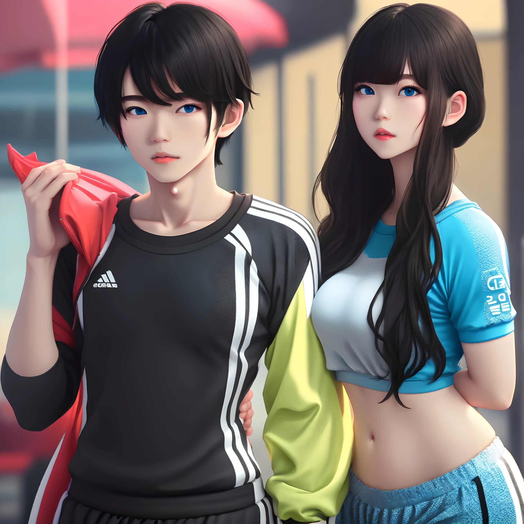 Jelly art style, Korean Femboy, Curvy Boy, Black hair, blue eyes, big lips, Compression shirt, sweat pants