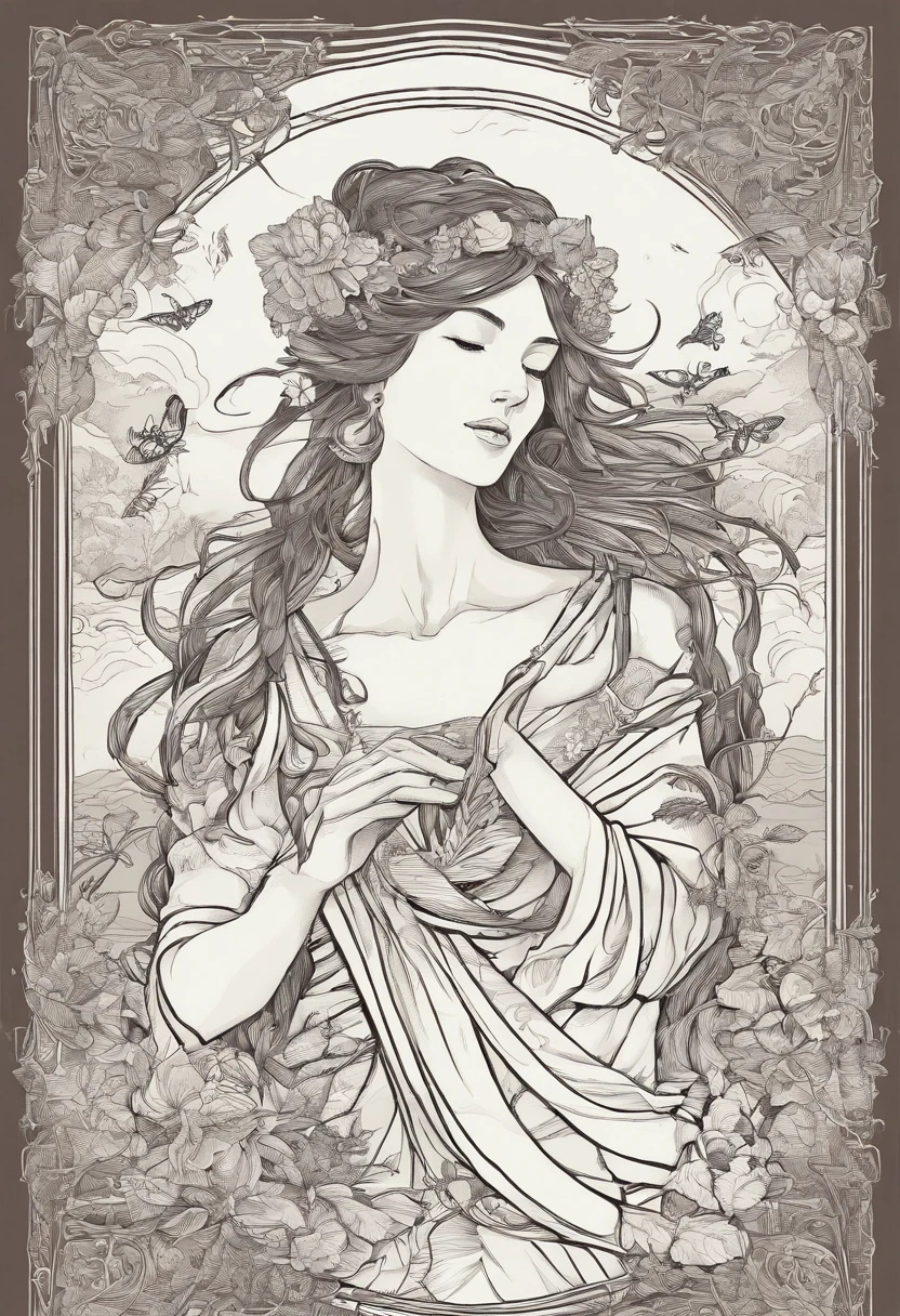 A little fairy is tied up and captured by a giant praying mantis king. The praying mantis is 5 times larger than her. She looks scared、The king of the praying mantis wants her for his wife. Art Nouveau. Hokusai. vector. line-drawing. Perfect Anatomy. romantic, creative, Full Hard Disk, Convoluted, ultra-detailliert, doodle, Illustration, Highly detailed, line-drawing, ink illustration, Vector art, Vector image, Highly detailed, hard disk, watercolor paiting, Transparent, Trending on ArtStation, Hokusai, Contemporary art, Details, Brownish, 8K, romantic, Edgy, broody, sketch, Drawing, Vintage, Soft lighting, Detailed matte painting, High quality, Beautiful woman