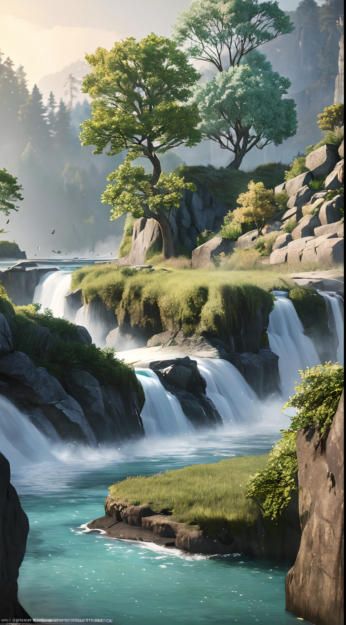 Analog style,ChromaV5,nvinkpunk,(extremely detailed CG unity 8k wallpaper),An image of a majestic river, trees on the sides, tiny waterfall, intense fog ,award winning photography, Chromatic Aberration, Detailed , HDR, Bloom, style by Monet, Pissarro, and Sisley ,trending on ArtStation, trending on CGSociety, art by midjourney