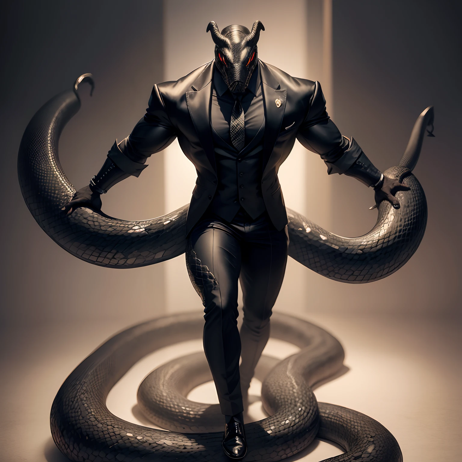 Humanoid snake muscled , with a snake's head black with a tail with 2 huge arms , in suit with a tie , full body