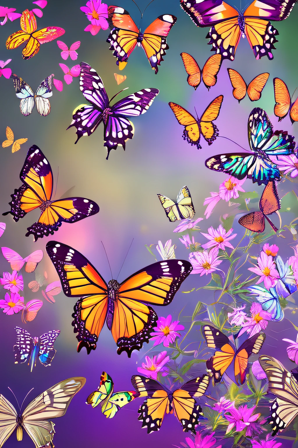 best quality, colorful butterflies,flying in a sunlit garden,fluttering wings,flower-filled landscape,butterflies in various sizes and colors,delicate wing patterns,detailed floral backgrounds,vivid colors,natural lighting,ethereal and dreamy atmosphere,masterpiece:1.2,bokeh