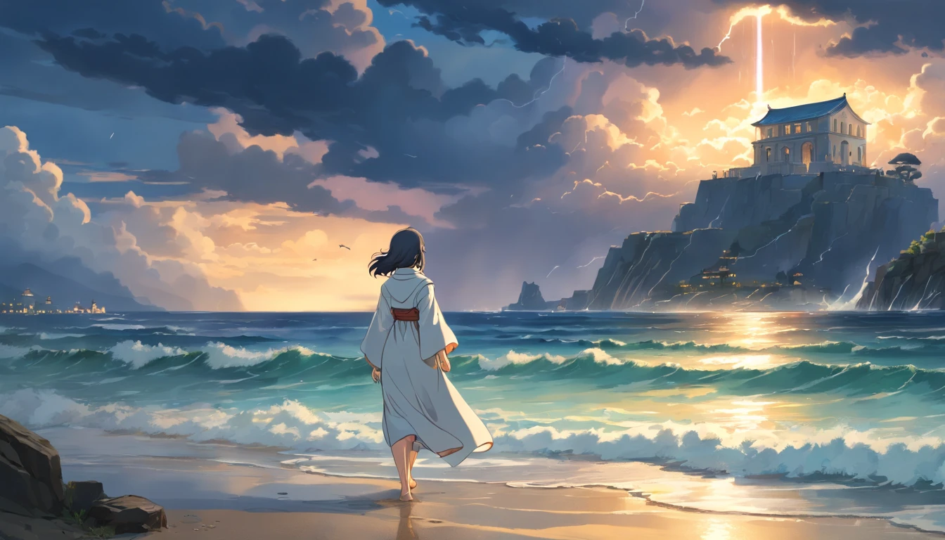 (best quality, highres:1.2),sad gloomy Zeus,(photorealistic:1.37) walking on beachside,looking at traditional tavern from behind,wearing white greek outfit,short hair,sexy beard,vivid colors,sharp focus,lightning storm,sunken sunset,rippling water,moody atmosphere,historic Greek architecture,sea breeze,mysterious aura,loneliness,barefoot in the sand,dramatic clouds,distant silhouette,stormy sea,sad expression,rippling waves,ancient ruins,heavy rain,thunder and lightning,poetic scenery,calming sea sounds,striking contrast,wind blowing cloak,dark mood,hopelessness,desolation