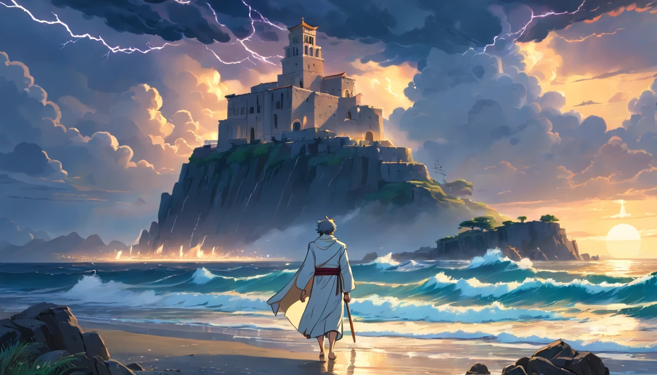 (best quality, highres:1.2),sad gloomy Zeus,(photorealistic:1.37) walking on beachside,looking at traditional tavern from behind,wearing white greek outfit,short hair,sexy beard,vivid colors,sharp focus,lightning storm,sunken sunset,rippling water,moody atmosphere,historic Greek architecture,sea breeze,mysterious aura,loneliness,barefoot in the sand,dramatic clouds,distant silhouette,stormy sea,sad expression,rippling waves,ancient ruins,heavy rain,thunder and lightning,poetic scenery,calming sea sounds,striking contrast,wind blowing cloak,dark mood,hopelessness,desolation