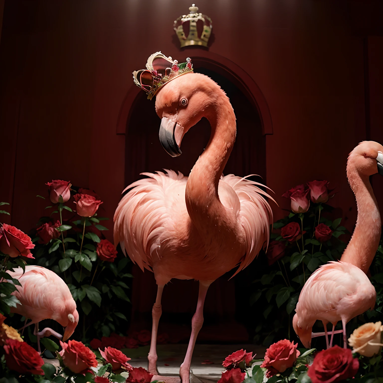 A flamingo wearing a crown stands surrounded by red roses。The figure gives a sense of dignity。