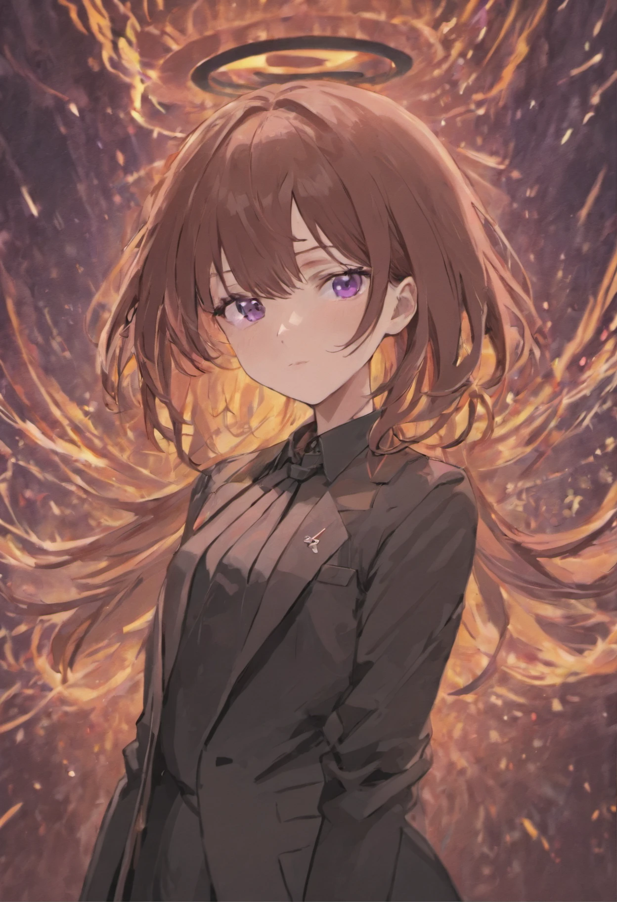 ember Brown hair Purple Sanpaku Eyes black suits