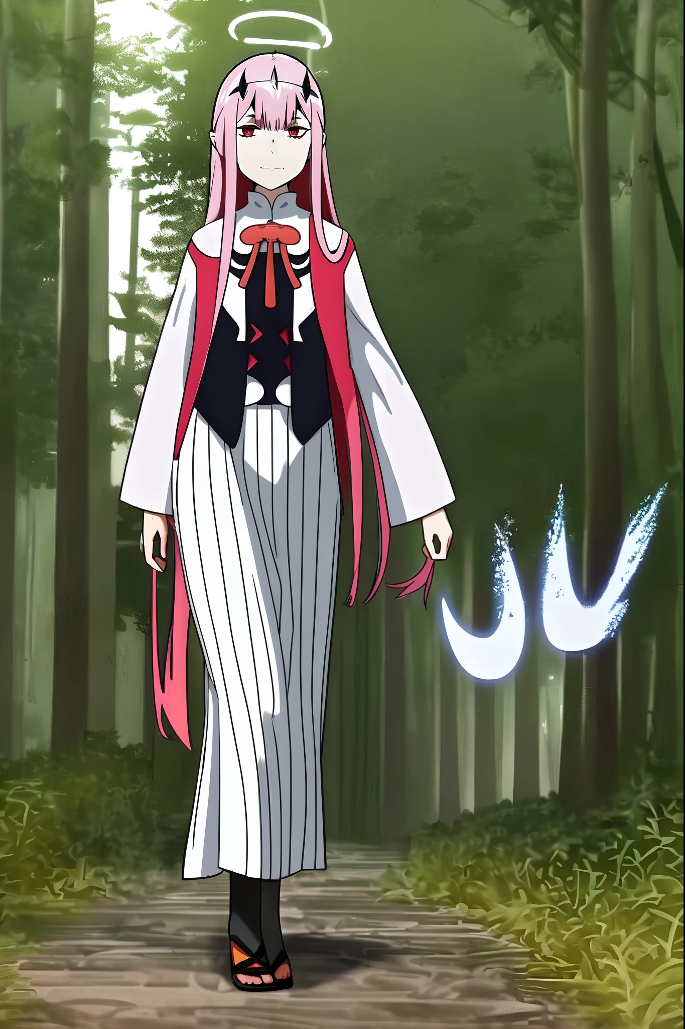 robe longue, oni girl, zero two, robe blanche, robe blanche, halo d’ange, halo arc-en-ciel, full body , portrait, medium breast, walking, forest, coat, vest, buttlern long skirt, victorian cloths