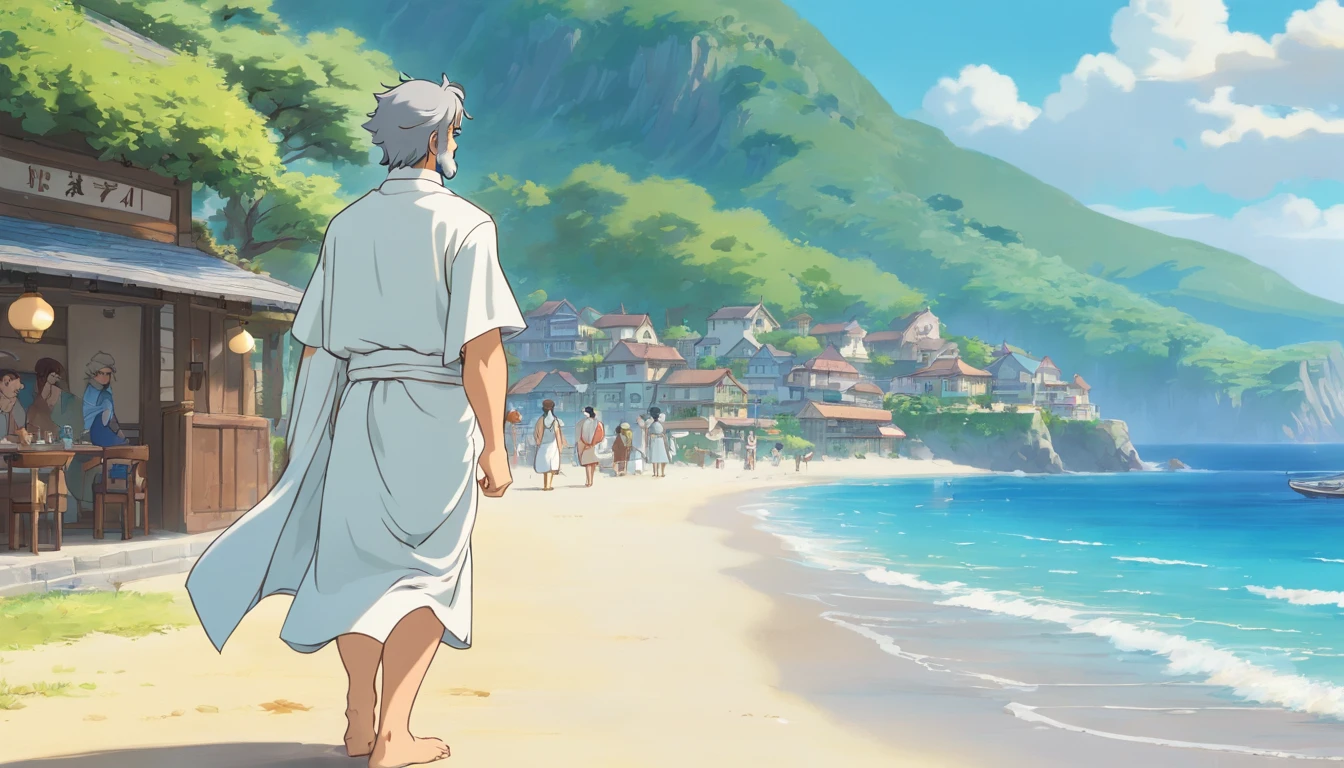 (sad:1.1,gloomy:1.1) Zeus, (photorealistic:1.37) walking on the beachside, (looking:0.9) at the traditional tavern from behind, (wearing:1.1) a white Greek outfit, (short:0.9) hair, (sexy:1.1) beard, (shot:1.1) from the back, (vivid colors,sharp focus)