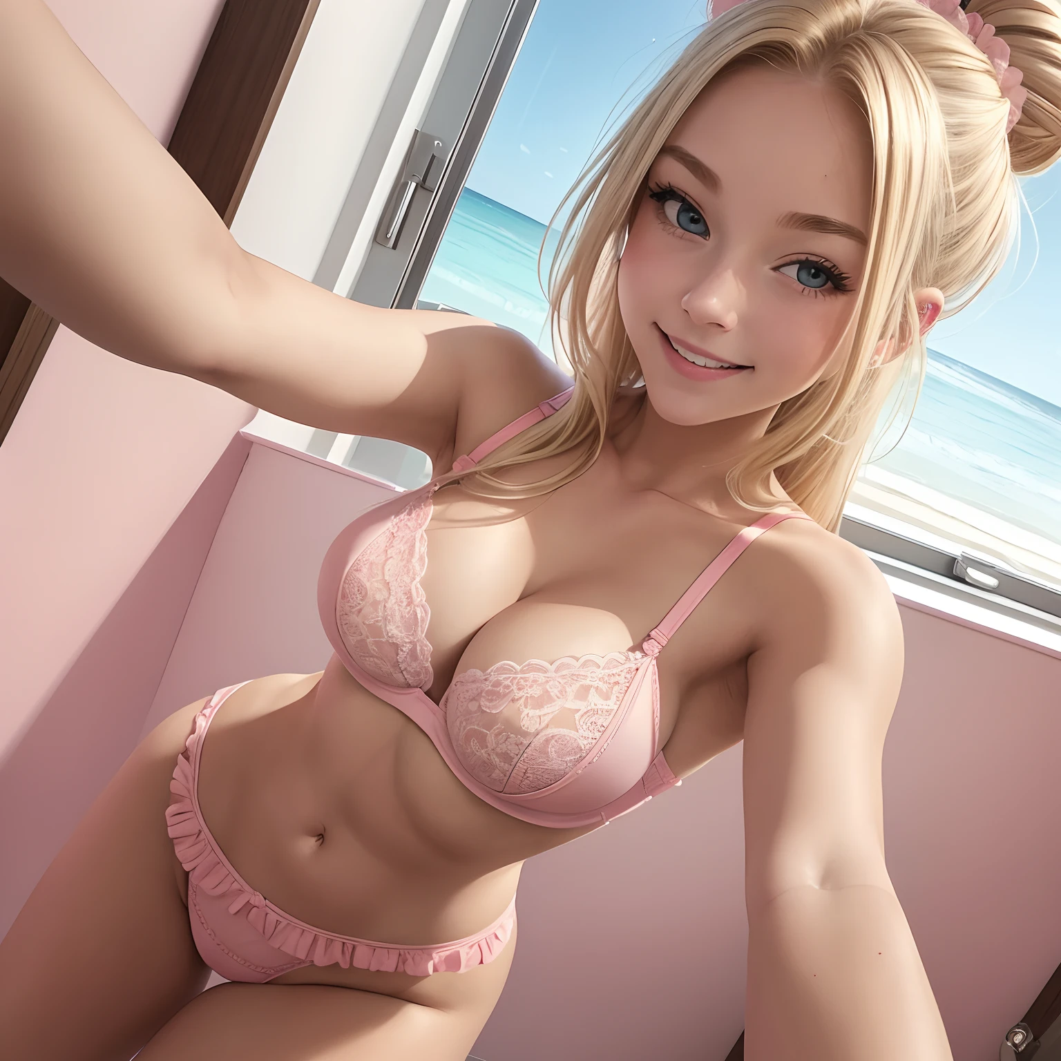 21 years old blond beatiful american woman, bun, happy, small boobs, lace, push up bra small frills on all sides, pink, loose high waist pink thong whith small frills on all sides, highly detailss ,front view, low point of view, looking down, smile, selfie