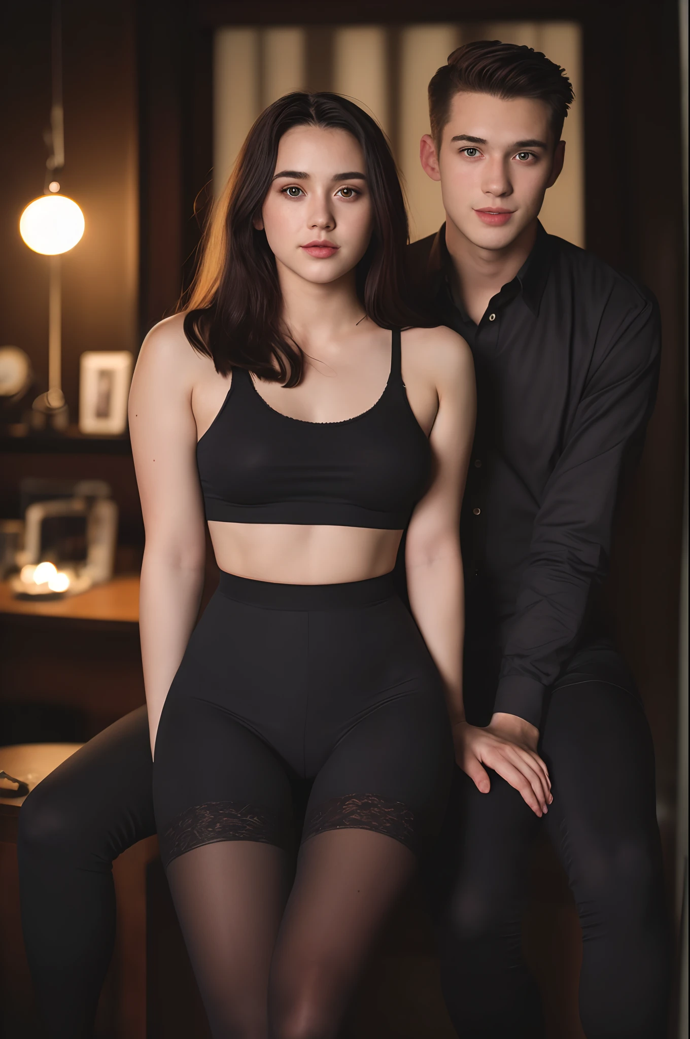 (creampied,fullbody,editorial photograph of a 21 year old woman and man,Black tights), (Highly detailed face:1.4) (Smile:0.7) (dark backgrounds, Moody, Private study:1.3) POV, Nikon D850, film stock photograph ,4 Kodak Portra 400 ,Camera F1.6 lens ,Rich colors ,Hyper realistic ,Lifelike texture, Dramatic Lighting , cinestill 800,
