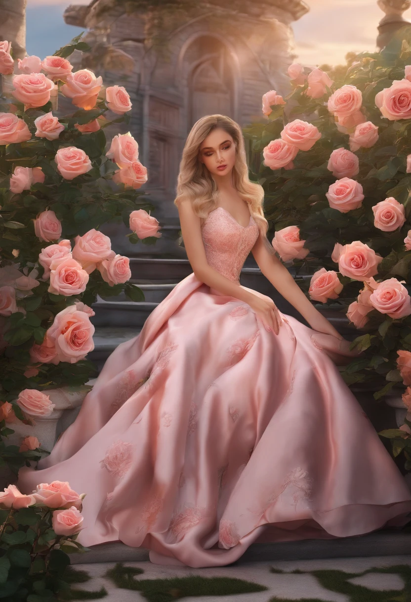 Rose flowers in a beautiful garden in the evening smelling sweet and a girl playing with her cat and the sun setting.