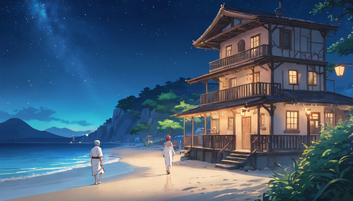 (sad:1.1,gloomy:1.1) Zeus, (photorealistic:1.37) walking on the beachside, (looking:0.9) at the traditional tavern from behind, midnight starry sky, (wearing:1.1) a white Greek outfit, (short:0.9) hair, (sexy:1.1) beard, (shot:1.1) from the back, (vivid colors,sharp focus)