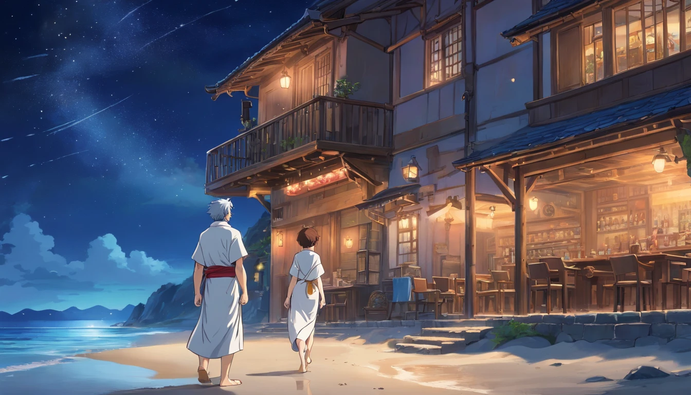 (sad:1.1,gloomy:1.1) Zeus, (photorealistic:1.37) walking on the beachside, (looking:0.9) at the traditional tavern from behind, midnight starry sky, (wearing:1.1) a white Greek outfit, (short:0.9) hair, (sexy:1.1) beard, (shot:1.1) from the back, (vivid colors,sharp focus)