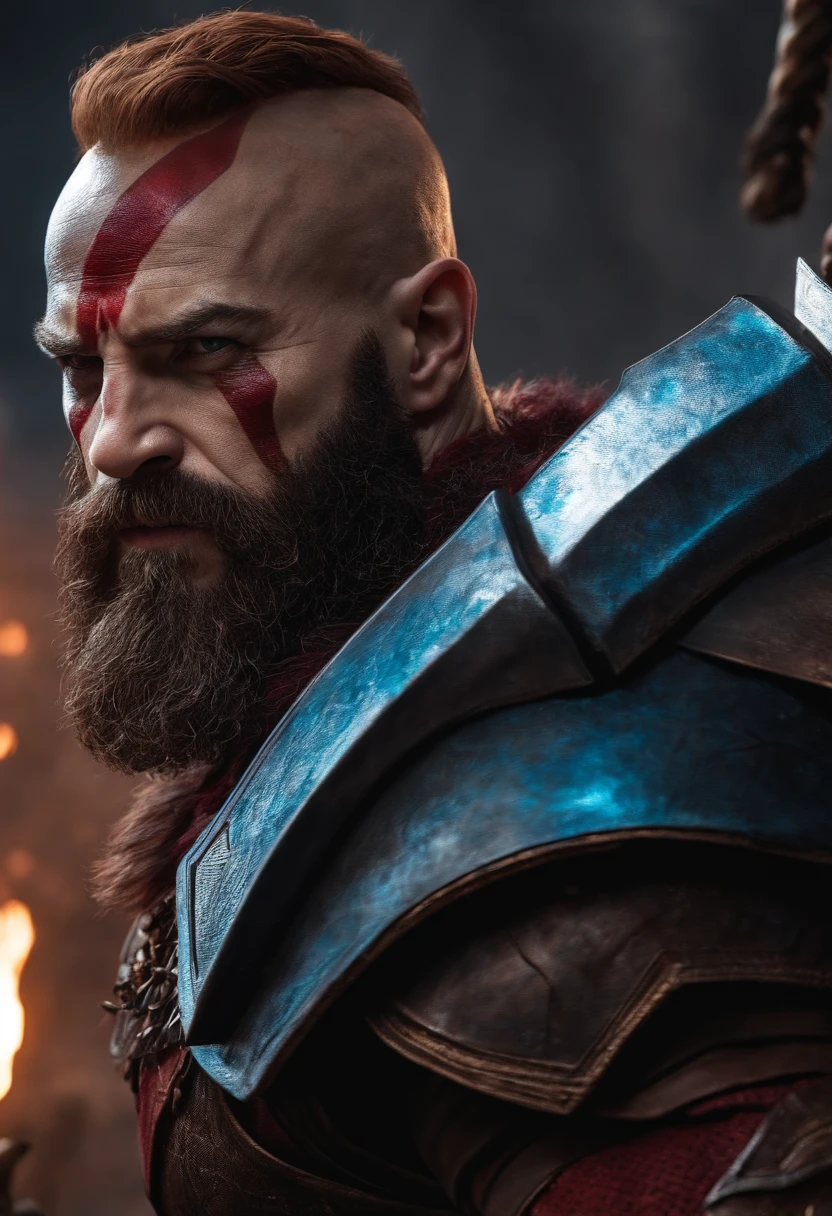 Middle-aged man very strong warrior style in the shade and full of scars image high definition and in 4k