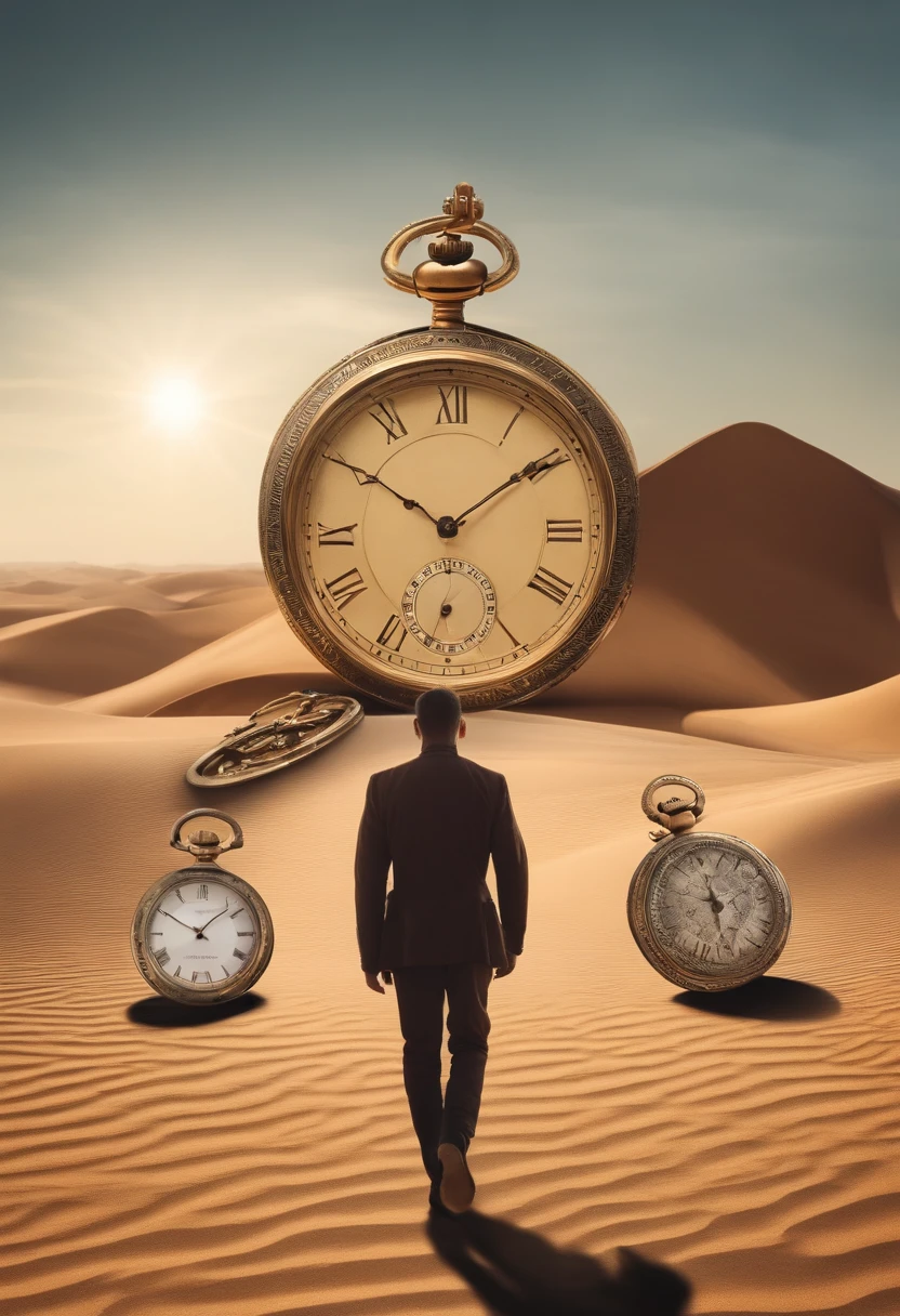 A human being whose body is made of pocket watches and is walking through a desert at day while it seems to be sad and hoping for a better tomorrow