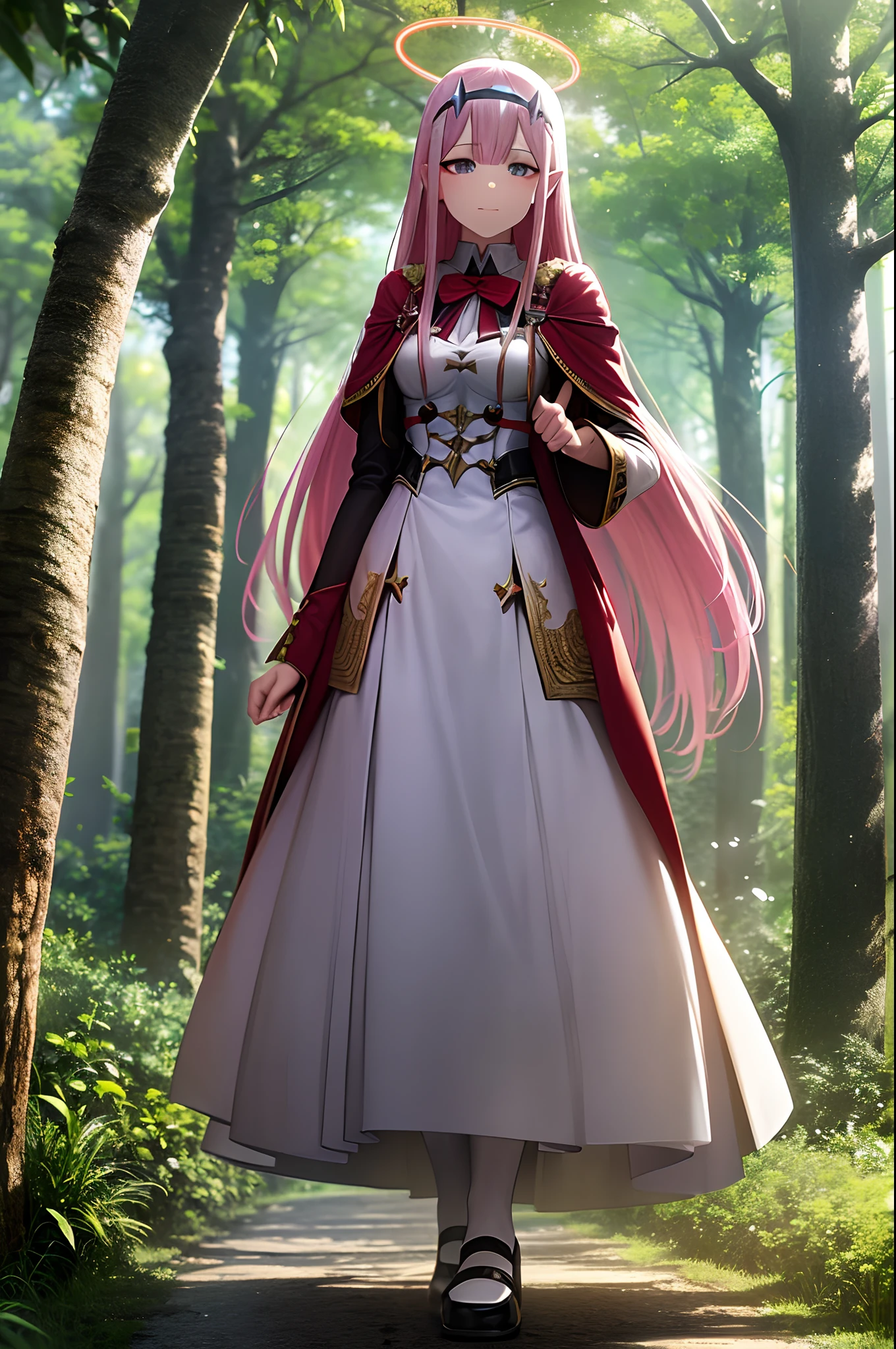 robe longue, oni girl, zero two, robe blanche, robe blanche, halo d’ange, halo arc-en-ciel, full body , portrait, medium breast, walking, forest, coat, vest, buttlern long skirt, victorian cloths