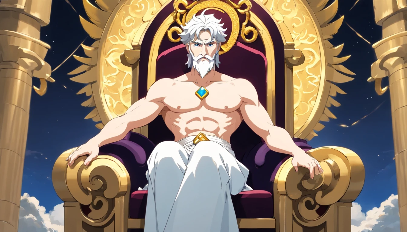 sad gloomy Zeus on his throne,wearing white greece outfit,short hair,sexy beard,ultra-detailed,masterpiece:1.2,realistic,physically-based rendering,professional,vivid colors,horror,low-key lighting,dark and moody colors
