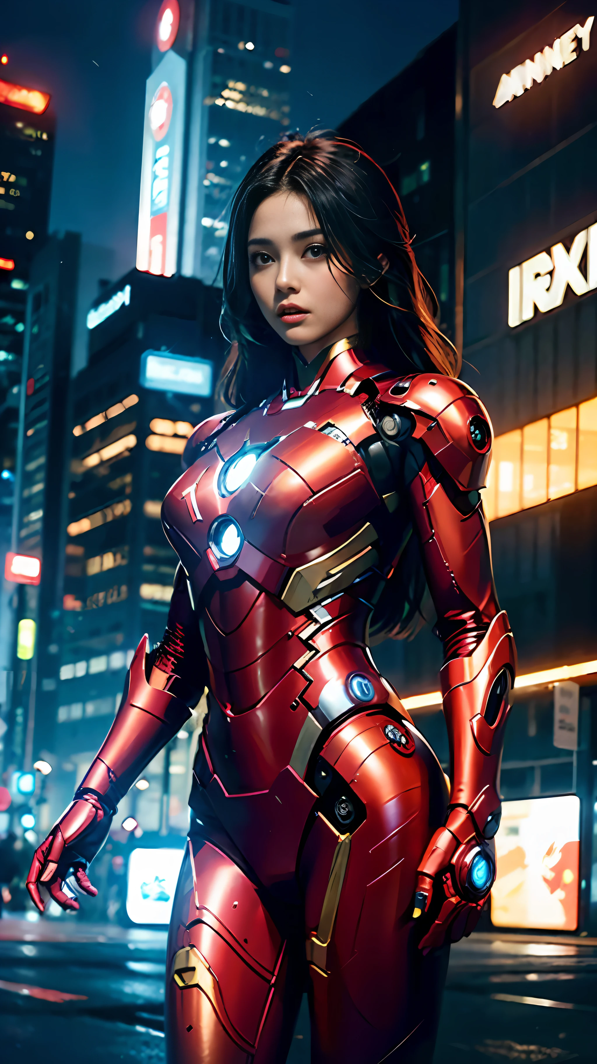 8k, realistic, attractive, highly detailed, a 20 year old girl a sexy and attractive woman inspired by Iron Man wearing a shiny Iron Man mech. She dresses with sexiness and confidence, perfectly interpreting Iron Man's strength and charisma. In a cyberpunk-style city night scene, a sexy and attractive woman takes Iron Man's cosplay as the theme. Wearing a shiny Iron Man mech, she stands on a street lined with tall buildings. The night lights of the city are bright, reflecting on her mecha, adding a sense of future technology. The surrounding buildings and streets are full of cyberpunk elements, such as neon lights, high-tech devices and futuristic architectural designs. The whole scene is full of futuristic and sci-fi atmosphere. This high-definition, high-quality picture will bring you stunning visual enjoyment, a perfect combination of sexy, futuristic and sci-fi elements. oc rendering, dramatic lighting, award winning quality