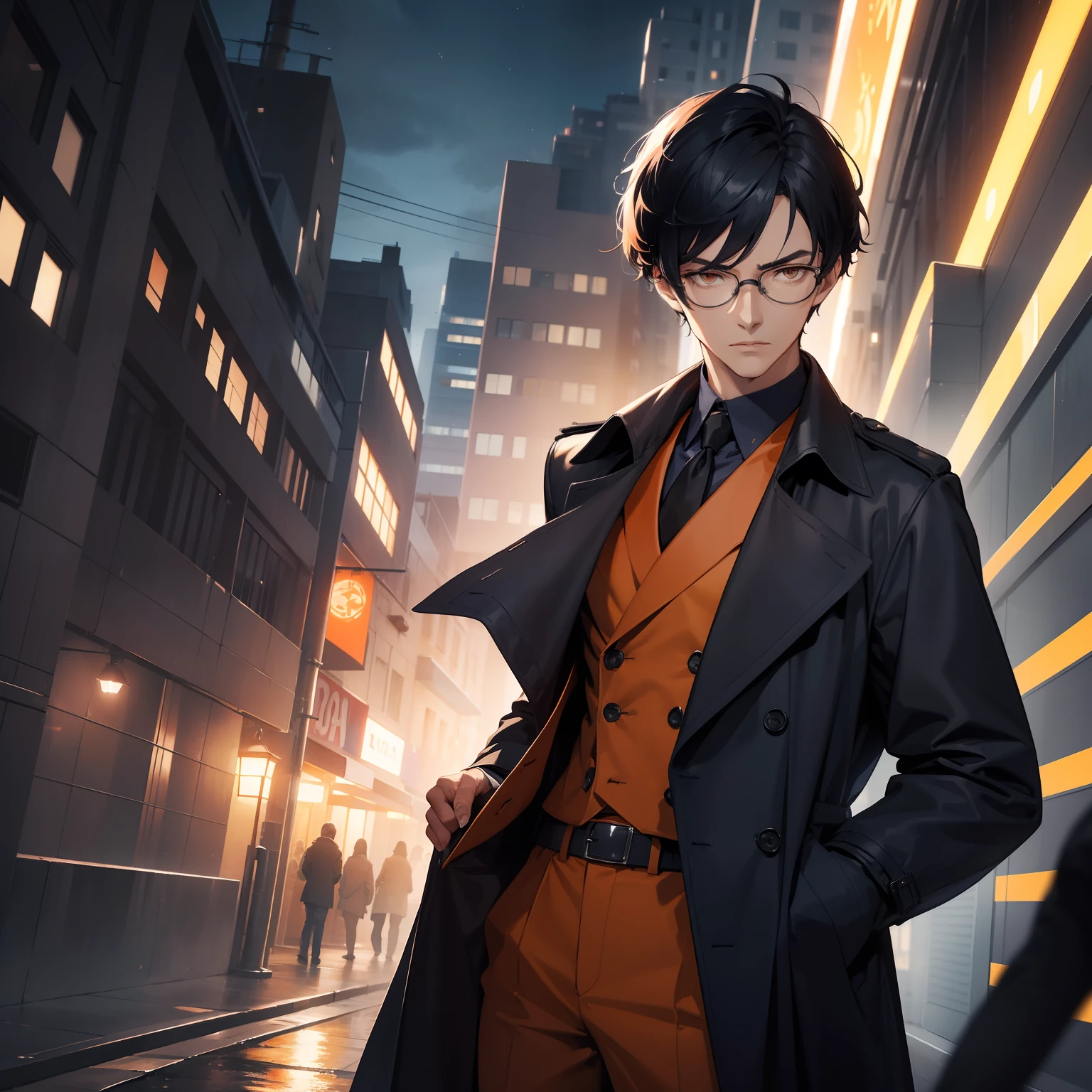 A man , orange eye,a dark blue trench coat,Wear short white sleeves underneath,Short black hair over the eyebrows,Tall and tall,Hair with well-defined lines,nightime background , both hands in pocket , glasses , looking straight at the viewer