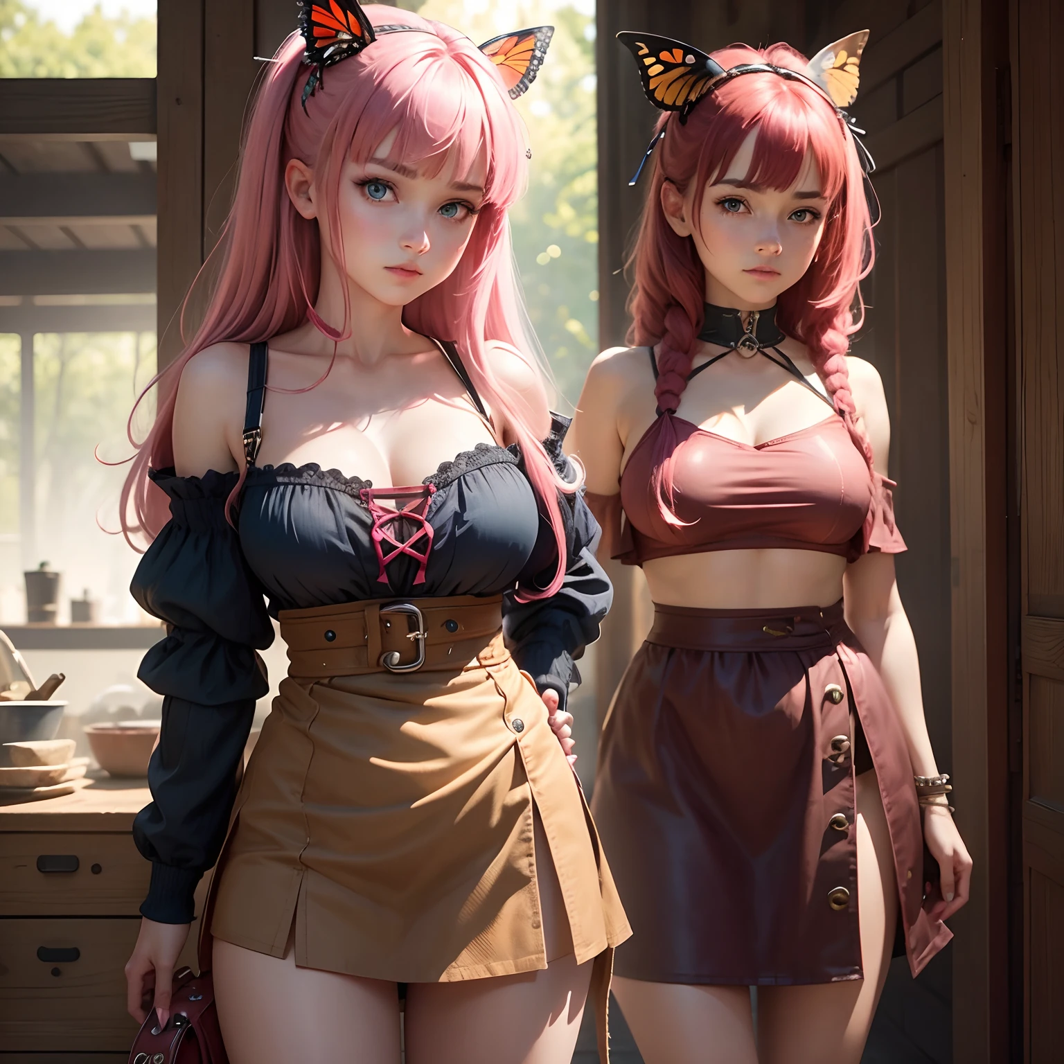 two sexy beautiful ultrarealistic moekko Catgirl wearing pink cat ears skimpy skin tight skirt bikini top touching  her breasts seductively beautiful blue eyes 8k high definition highly detailed high quality 8k image big breasts exposed cleavage skin tight sexy g-string bikini touching her breasts kissing another girl's mouth naked