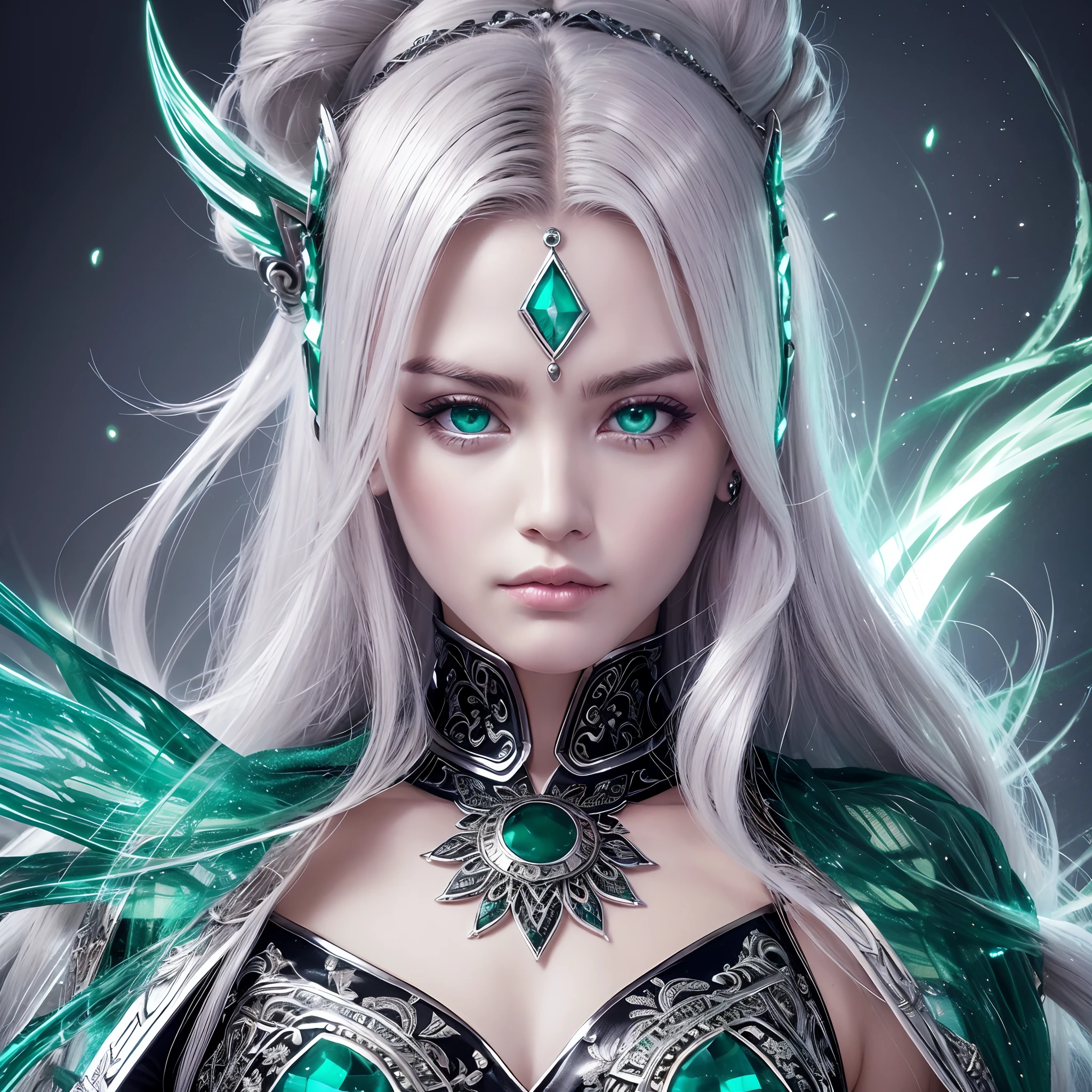 silver hair emerald eye warrior high warlock female tattoo high cheekbone strong expression angelic quality --auto --s2