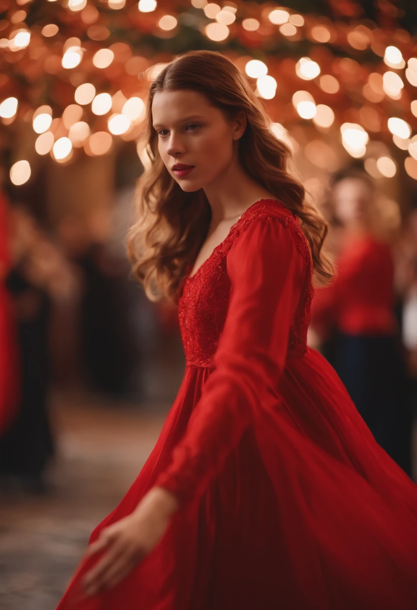 Mia Goth，Brown hair，Red dress with long sleeves，Dancing，bright，Happy，Colorful，Masterpiece，Best quality