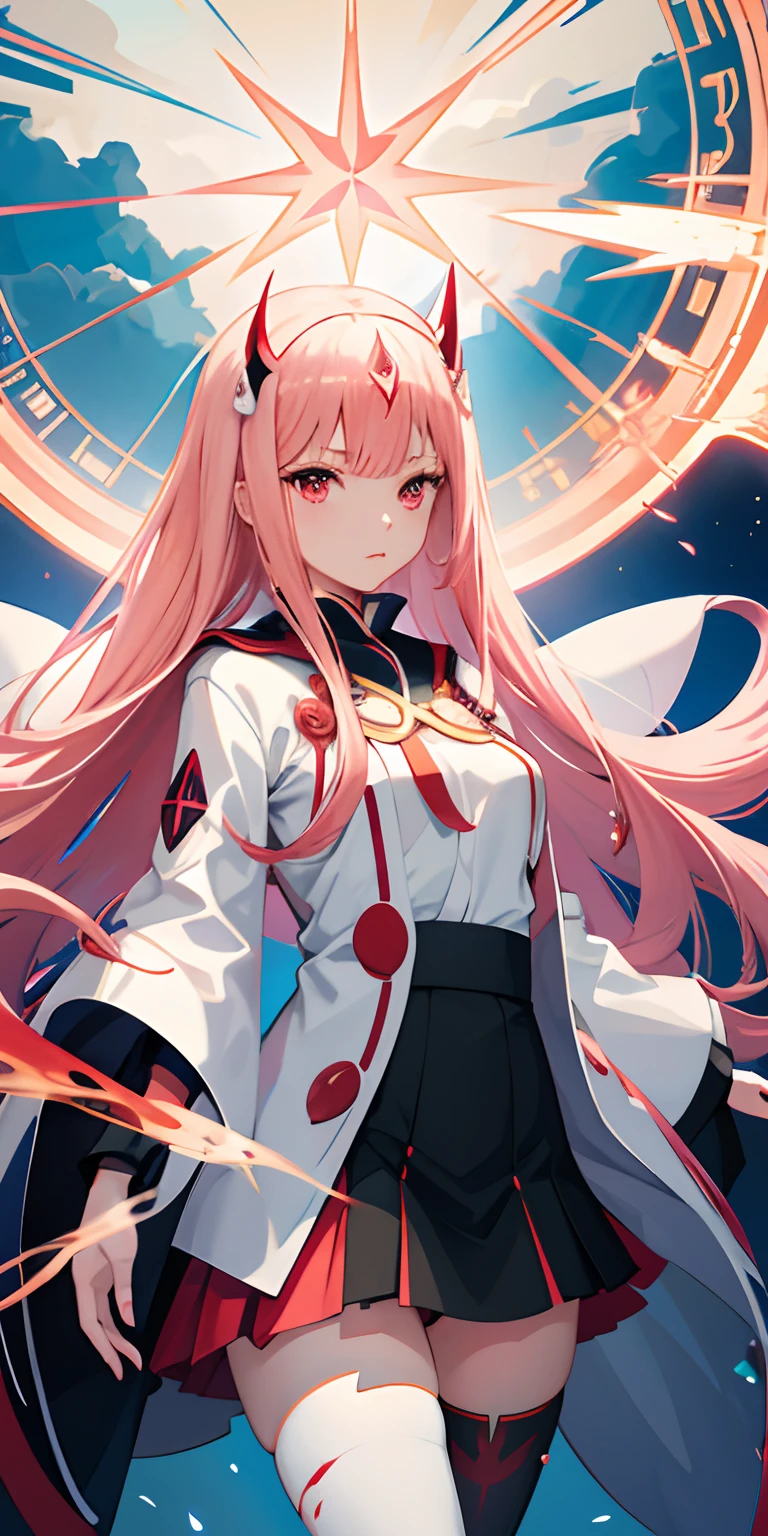 1girl, japanese clothes, zero two, pink hair, red eyes, magic circle, blue fire, blue flames, wallpaper, landscape, blood, blood splatter, depth of field, night, light particles, light rays, sidelighting, thighs, fate \(series\), darlin in the franxx, ****, open jacket, skirt, thighhighs, cloud