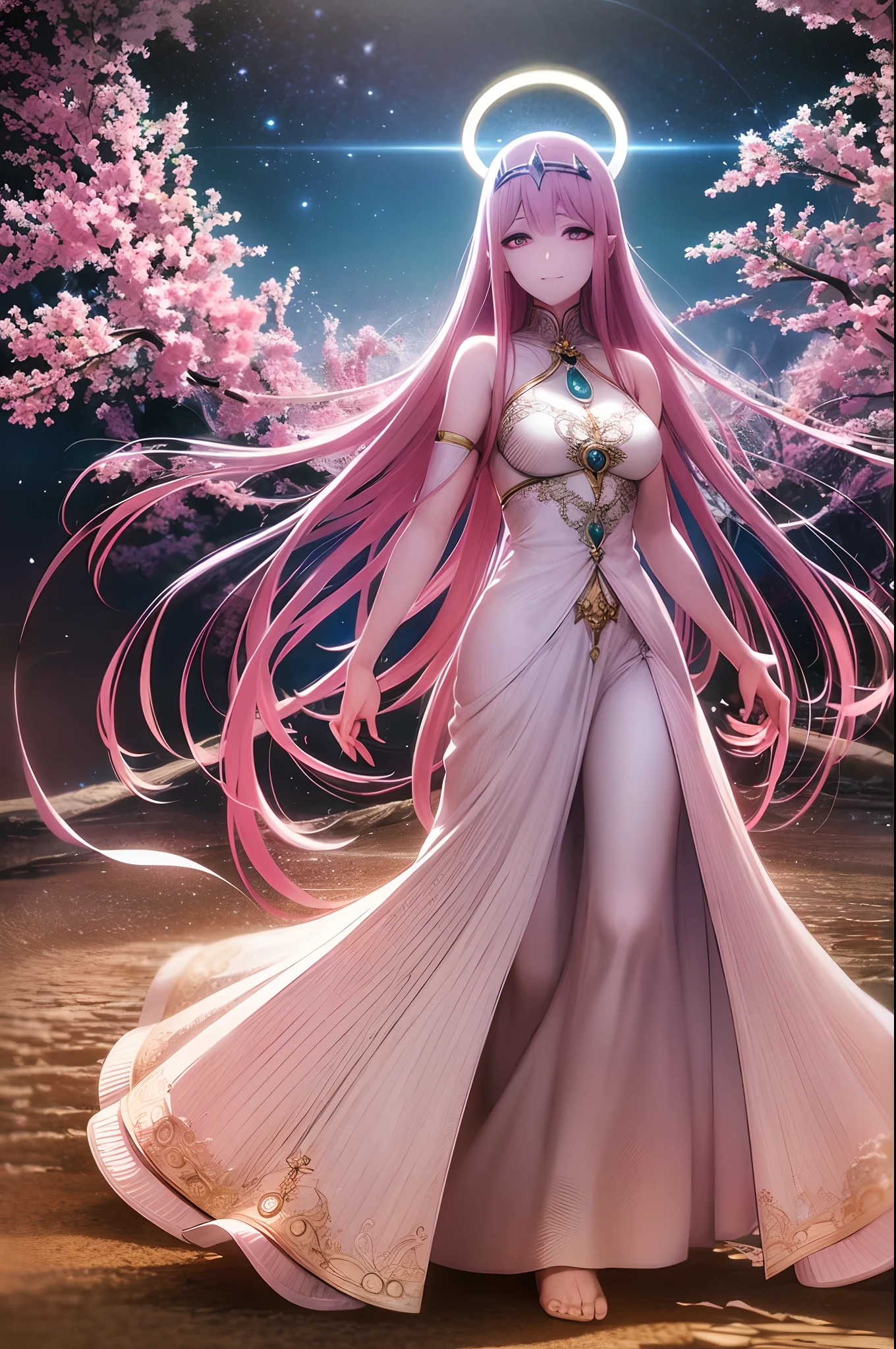 Zero Two, dress, sun halo, holy, smile, medium breast, priestess, full body, walking, divine aura, sun halo, solar halo, long skirt, porcelain skin, ethereal, graceful movement, flowing golden hair, radiant beauty, enchanting gaze, serene expression, soft sunlight, angelic presence, celestial atmosphere, mystical background, celestial light, glowing halo, gentle breeze, ethereal glow, captivating aura, divine radiance, natural beauty, sublime elegance, heavenly charm, peaceful countenance, harmonious surroundings, ethereal grace, mesmerizing presence, transcendent allure, magical serenity, serene and majestic, radiant happiness, heavenly enchantment, delicate features, elegant posture, celestial maiden, otherworldly presence, serene and ethereal, divine embodiment, celestial being, spiritual tranquility, mesmerizing beauty, ethereal goddess, radiant purity.
