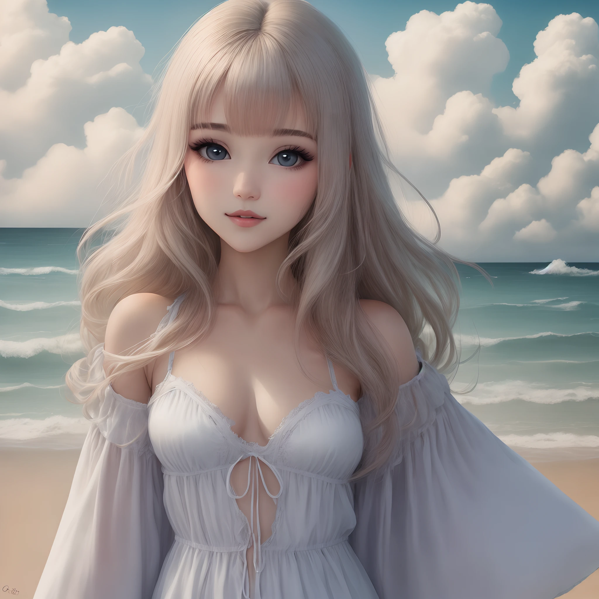 longos cabelos brancos, olhos azuis, Beautiful girl, boca pequena de cereja, animado e bonito, litoral, clouded skies