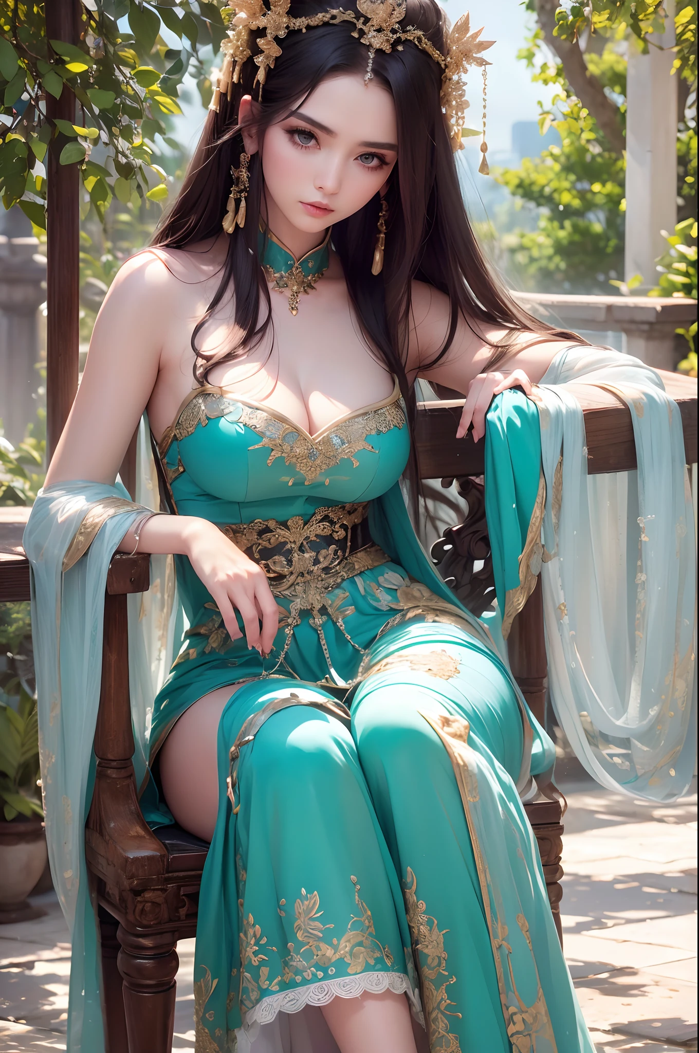 (Jade Beauty:1.1,Peerless Goddess:1.1,black hair:1.1,Enchanting eyes:1.1),(Best Quality,4k,8K,hight resolution,Masterpiece:1.2),Ultra-detailed,(Realistic,Photorealistic,photo-realistic:1.37),portrai,Vivid colors,Lush green environment,natural lighting,serene atmosphere,Graceful posture, perfect hand, Detailed finger, beautiful detail eyes, hairlong, Dressed in a translucent slit, translucent clothes, Face of the Goddess, Detailed Face, (((tmasterpiece))), (violet eyes)