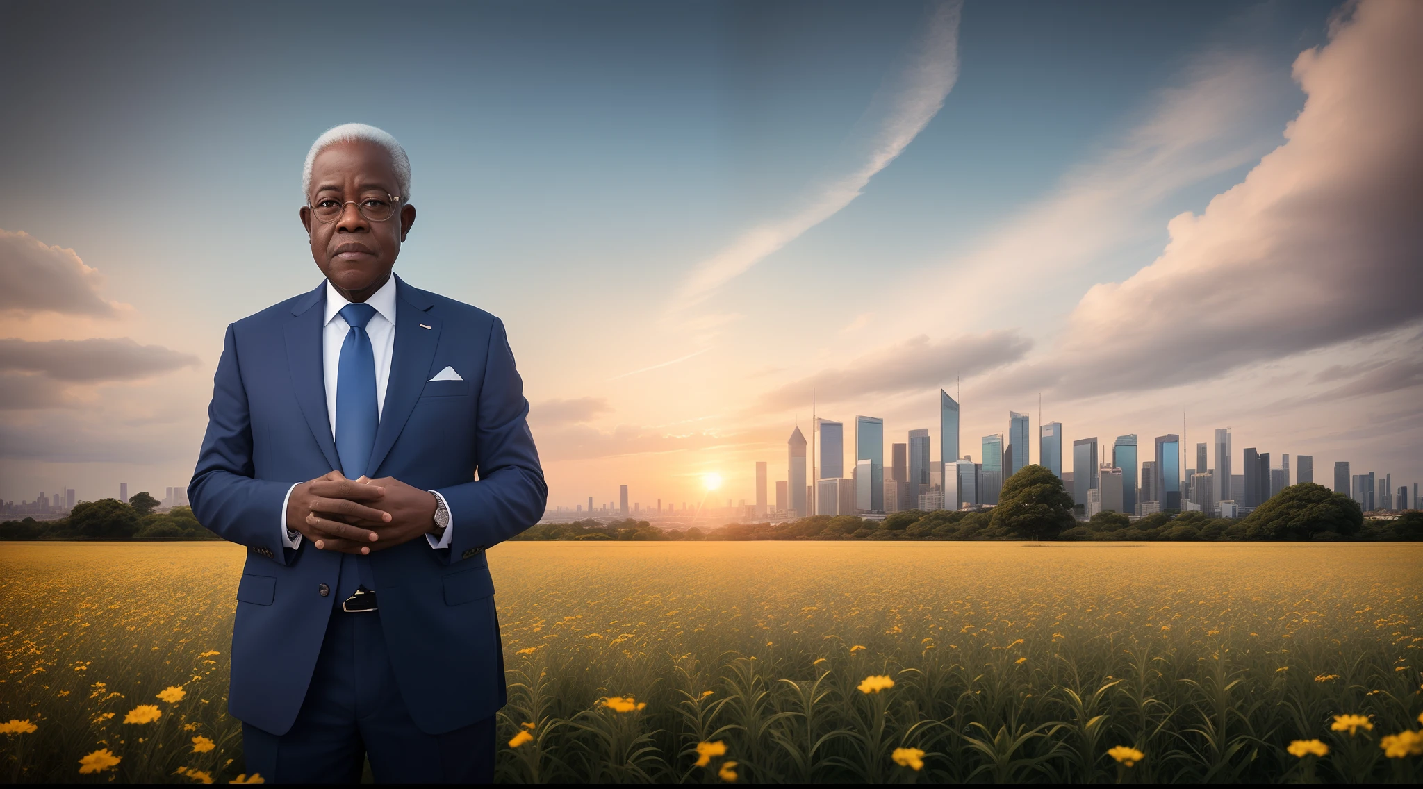 A professional Portrait of Nigerian President Bola Ahmed Tinubu of in a green field with Sun setting in a background and a city in the distance and a field full of landmines Professional portrait of as man standing with 85 years old in blue suit and tie, portant des lunettes, Body and head straight in the photo, facing the photo viewer, eyes fixed to the lens, Shoulders and head appear in the photo, Man centered on the photo, 8k, Best quality, Masterpiece, Realstic, photo realist, photo du film, ultra realist, 1 personne, Detailed, perfect lighting, DSRL, Photo professionnelle