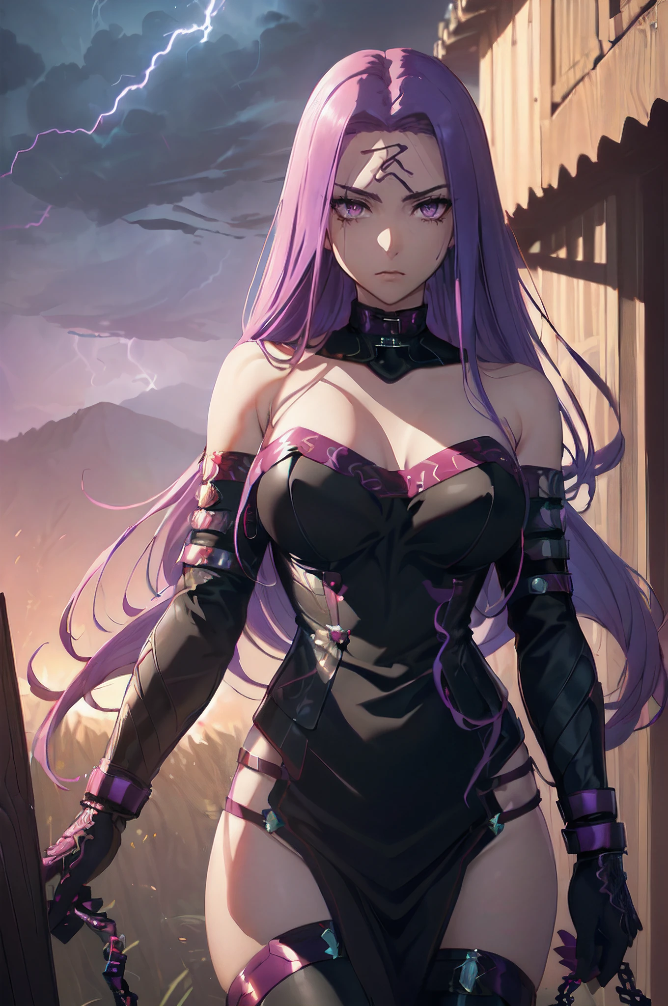 (masterpiece, best quality, high resolution:1.3), Rider/Medusa from Fate/Stay Night, (exquisitely beautiful:1.3), (exceptionally detailed:1.3), (intricately designed costume and armor:1.2), dual-wielding daggers with (sinister chains extending from their bases:1.2), (engravings of mythical serpents on dagger blades:1.1), (flowing ethereal chains creating a sense of movement:1.1), (deep purple eyes with intricate details and a hypnotic glow:1.4), (subtle serpentine patterns in the irises:1.2), (subtle wind-caressed strands of hair:1.1), (head adorned with a mystical tattoo of intertwined serpents:1.2), (immersive and captivating background:1.2), (an ancient battlefield with remnants of defeated foes:1.1), (ominous storm clouds gathering in the sky:1.2), (best lighting conditions with flashes of lightning:1.2), (Fate/Stay Night's top-tier character rendering:1.1), (ambient lighting accentuating character's beauty:1.2), (Sony A7R IV camera for unparalleled quality:1.2), (paired with a Sony FE 85mm f/1.4 GM lens:1.2), (capturing the nuanced details of the character design:1.1), (enhancing the immersive and threatening atmosphere:1.1), (delivering an image of extraordinary beauty and intensity:1.1).