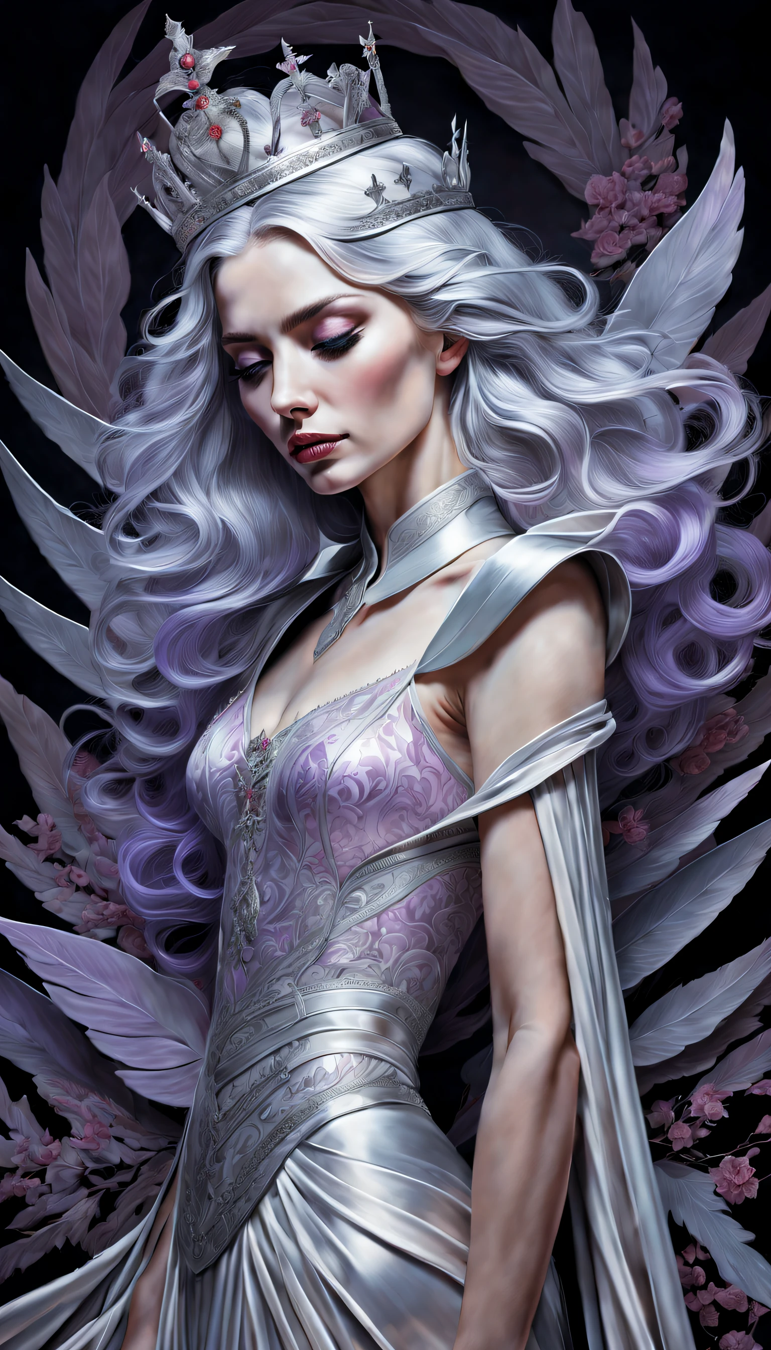 chiaroscuro technique on sensual illustration of an queen of swords, vintage queen, silver hair, eerie, matte painting, by Hannah Dale, by Harumi Hironaka, extremely soft colors, hint of pastel silver lavender vibrant, highly detailed, digital artwork, high contrast, dramatic, refined, tonal, highest quality,anatomy correct,ultra-wide-angle,depth of fields, representing her resilience and ability to adapt in challenging situations