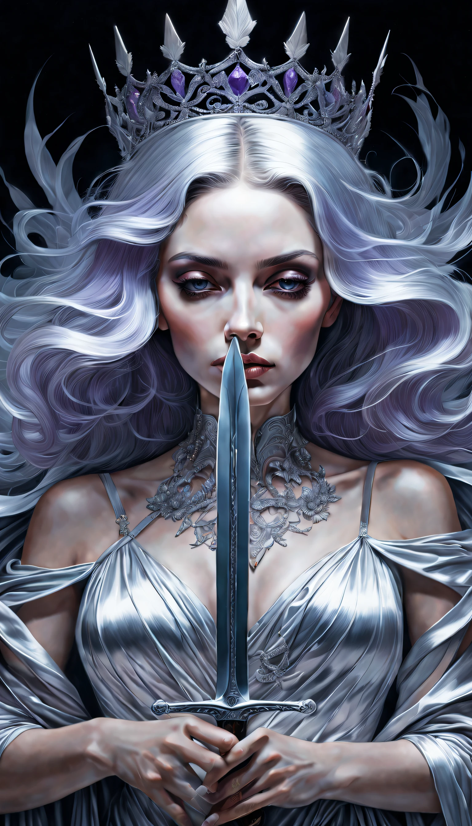 chiaroscuro technique on sensual illustration of an queen of swords, vintage queen, silver hair, eerie, matte painting, by Hannah Dale, by Harumi Hironaka, extremely soft colors, hint of pastel silver lavender vibrant, highly detailed, digital artwork, high contrast, dramatic, refined, tonal, highest quality,anatomy correct,ultra-wide-angle,depth of fields, representing her resilience and ability to adapt in challenging situations