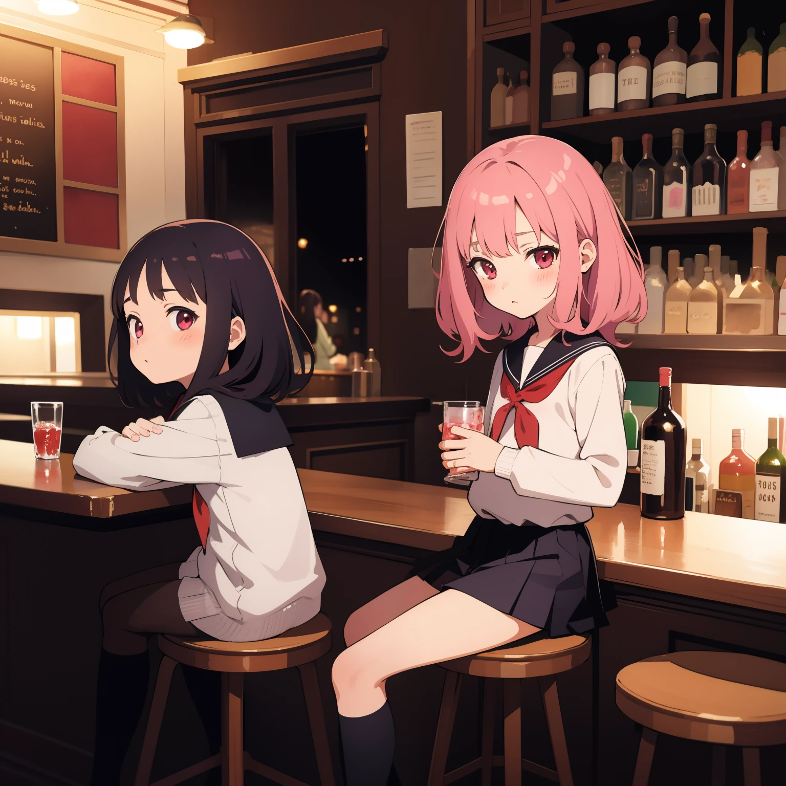 2girls, ite, lol childoool uniform, sitting in a bar, drinking, ln a bar, sdunk, blush, sleepy, dark, vibrant colors, watercolor