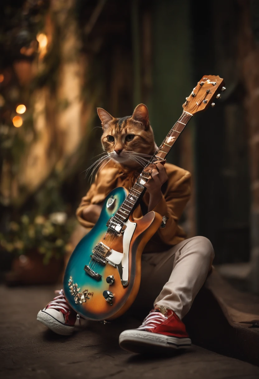 Gato vestido com moleton estampado,Wearing all star sneakers, tocando guitarra