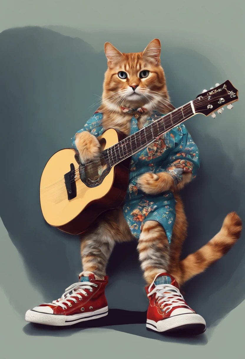 Gato vestido com moleton estampado,Wearing all star sneakers, tocando guitarra