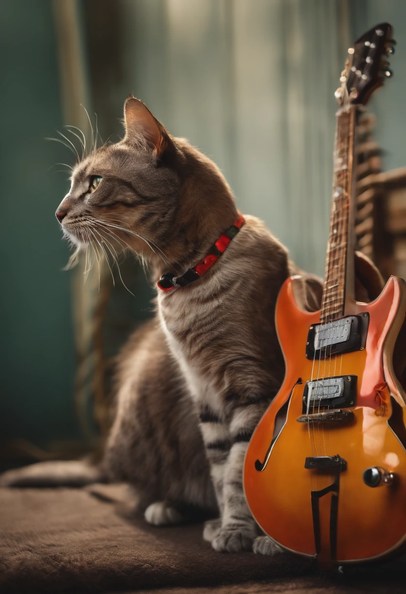 Gato vestido com moleton estampado,Wearing all star sneakers, tocando guitarra