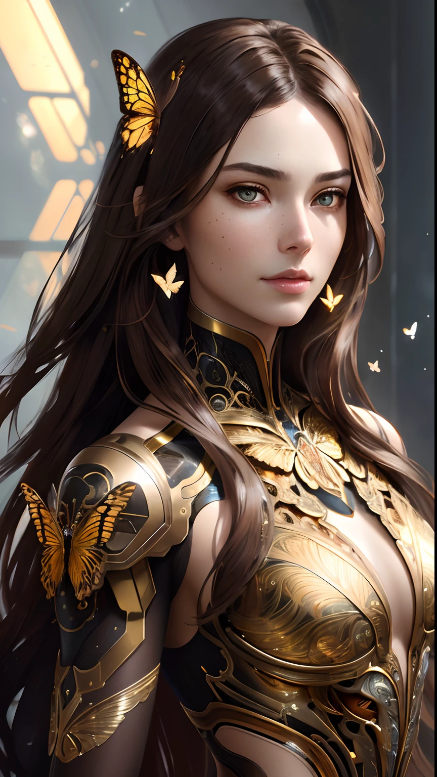 8k portrait of beautiful cyborg with brown hair, intricate, elegant, highly detailed, majestic, digital photography, art by artgerm and ruan jia and greg rutkowski surreal painting gold butterfly filigree, broken glass, (masterpiece, sidelighting, finely detailed beautiful eyes: 1.2), hdr,