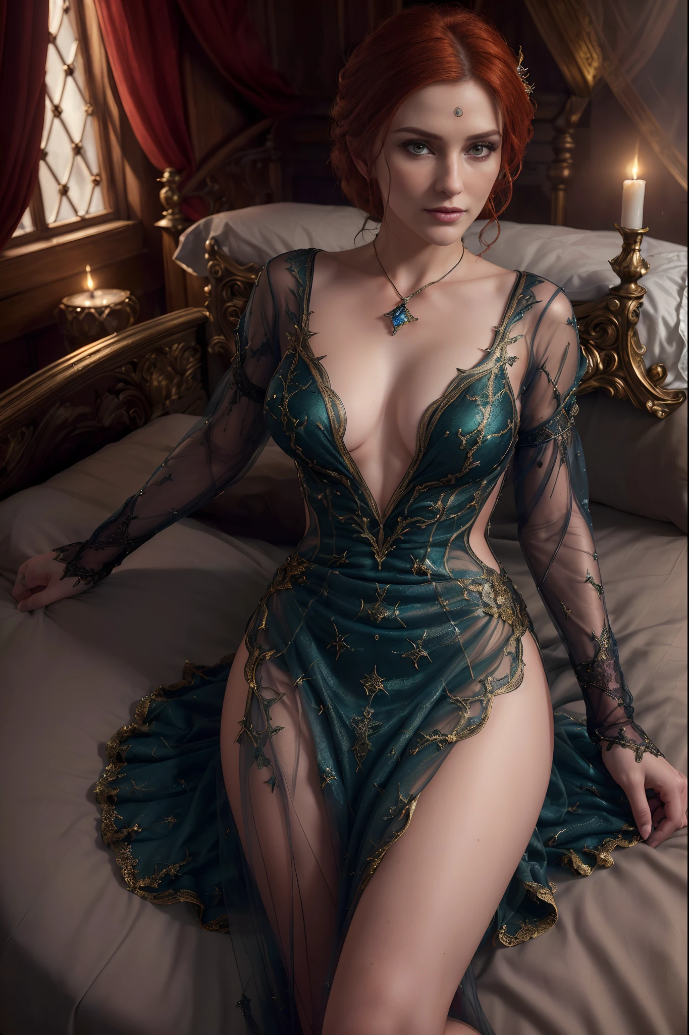 Masterpiece, Triss Merigold, high detail plunging transparent witch dress, lying on a bed, intricately detailed background, (UHD, 8K wallpaper, High resolution), Cinematic lighting, award-winning, extremely detailed skin, extra detailed face, high detail eyes, photo-realistic, Zeiss 85 mm F/1.4, by Ellen von Unwerth