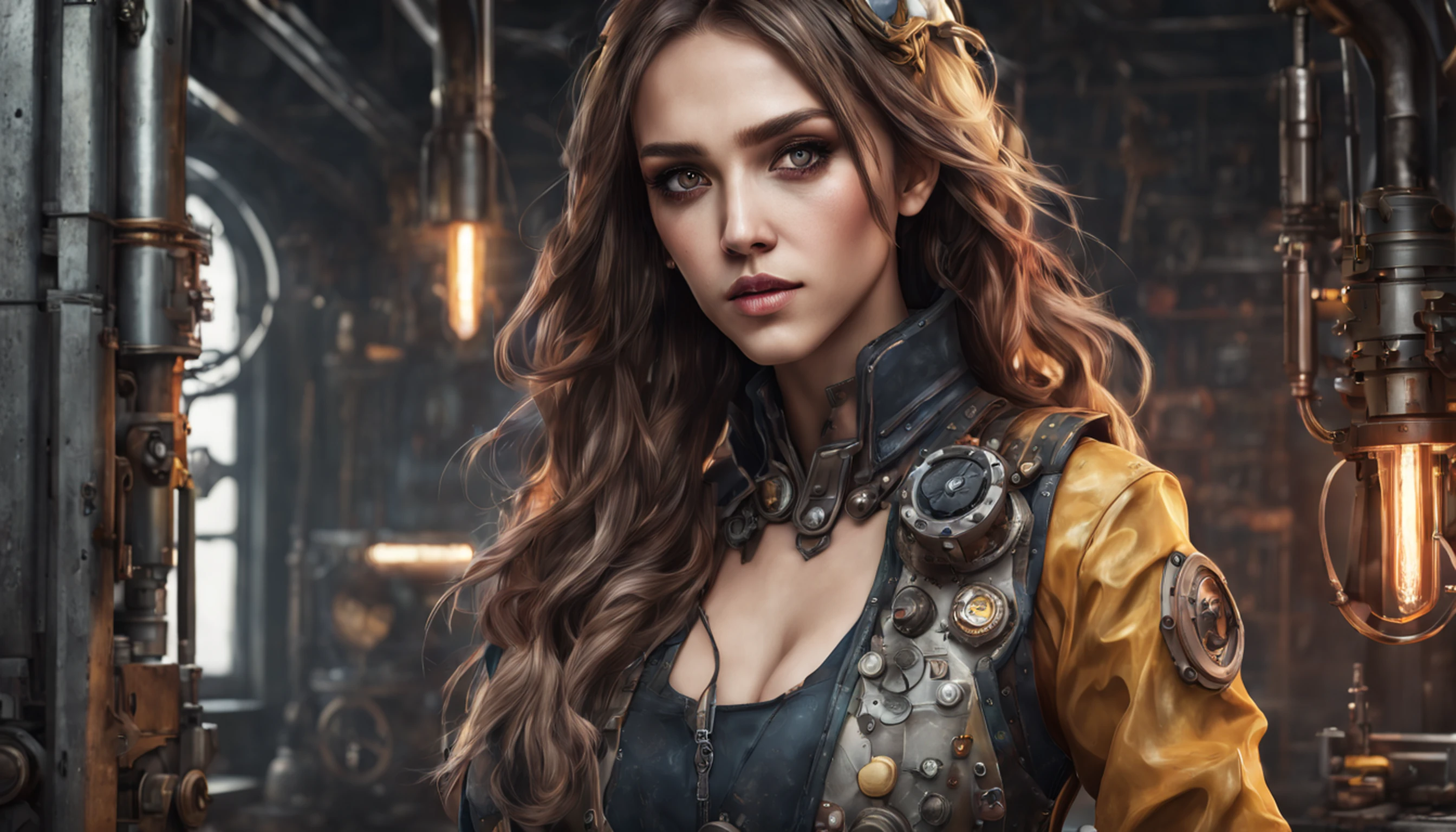 Jessica Alba, (absurdres, highres, ultra detailed), 1woman, mature female, aged, long wavy hair, split-colored hair, heterochromia, bangs, long sleeves, finely detailed eyes and detailed face, extremely detailed CG unit 8k wallpaper, intricate details, (style-rustmagic: 0.8), (medieval cyborg: 0.8), portrait, (bloody wounds:0.7), looking at the viewer, solo, half shot, detailed background, (steampunk theme:1.1) determined expression,  technomancer dark couds, floating lights, colorful leather vest with gears, techwear, jetpack, workshop in the background, machines, gears, steam, industry, technology, oven, dirt, anvil, buttons, levers, automaton, electricity, electric sparks epic atmosphere,, portrait