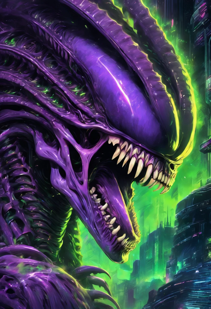 (((Extreme close-up Xenomorph Alien the eighth passenger merged with The Green Goblin Spiderman universe(((Front Images))),(((Splash color images)))