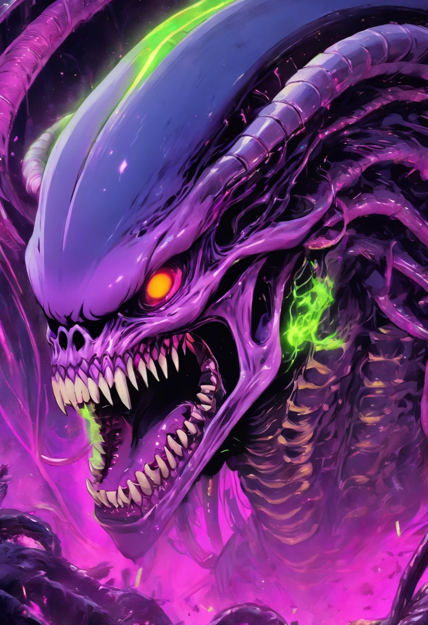 super xenomorph beast purple and lime green, xenomorph skull face teeth screaming, sf, intricate artwork masterpiece, ominous, matte painting movie poster, golden ratio, trending on cgsociety, intricate, epic, trending on artstation, by artgerm, h. r. giger and beksinski, highly detailed, vibrant, production cinematic character render, ultra high quality model, Mysterious
