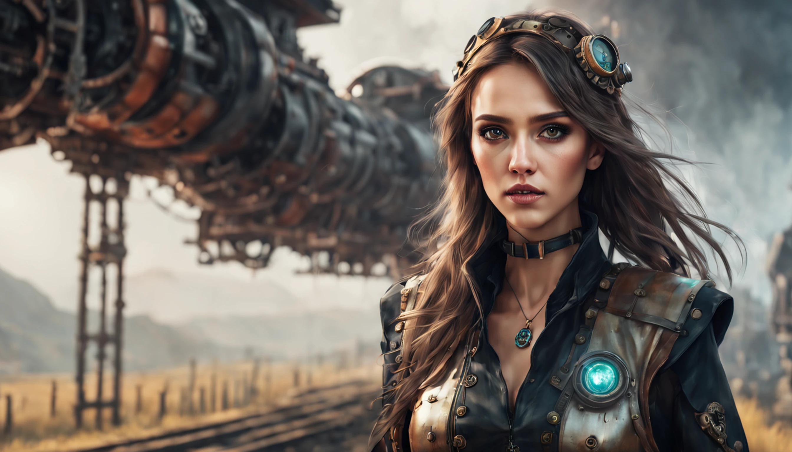 Jessica Alba, (absurdres, highres, ultra detailed), 1woman, mature female, aged, long wavy hair, split-colored hair, heterochromia, bangs, long sleeves, finely detailed eyes and detailed face, extremely detailed CG unit 8k wallpaper, intricate details, (style-rustmagic: 0.8), (medieval cyborg: 0.8), portrait, (bloody wounds:0.7), looking at the viewer, solo, half shot, detailed background, (steampunk theme:1.1) determined expression,  technomancer dark couds, floating lights, colorful leather vest with gears, techwear, jetpack, workshop in the background, machines, gears, steam, industry, technology, oven, dirt, anvil, buttons, levers, automaton, electricity, electric sparks epic atmosphere,, portrait