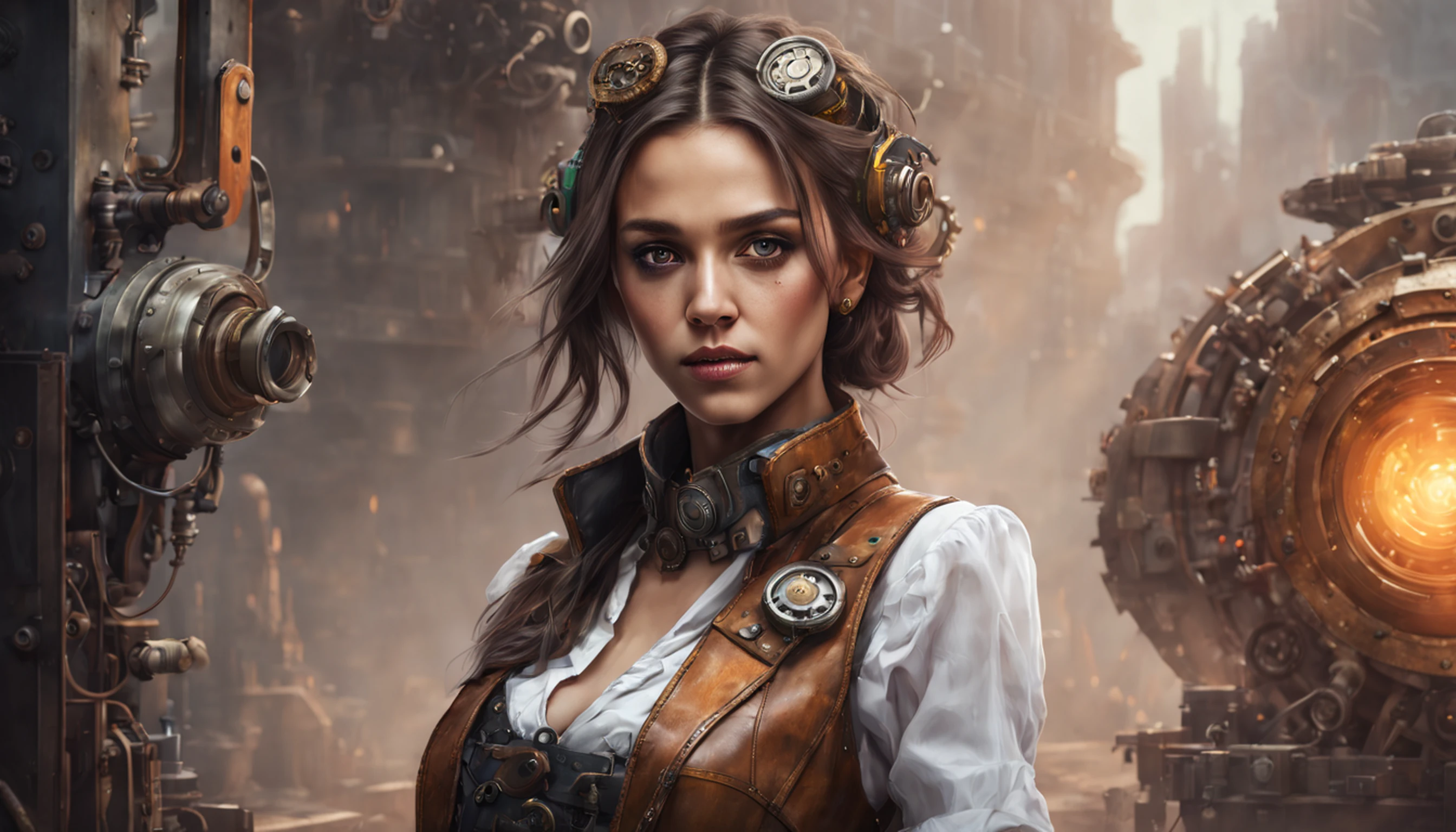 Jessica Alba, (absurdres, highres, ultra detailed), 1woman, mature female, aged, long wavy hair, split-colored hair, heterochromia, bangs, long sleeves, finely detailed eyes and detailed face, extremely detailed CG unit 8k wallpaper, intricate details, (style-rustmagic: 0.8), (medieval cyborg: 0.8), portrait, (bloody wounds:0.7), looking at the viewer, solo, half shot, detailed background, (steampunk theme:1.1) determined expression, technomancer dark couds, floating lights, colorful leather vest with gears, techwear, jetpack, workshop in the background, machines, gears, steam, industry, technology, oven, dirt, anvil, buttons, levers, automaton, electricity, electric sparks epic atmosphere,, portrait