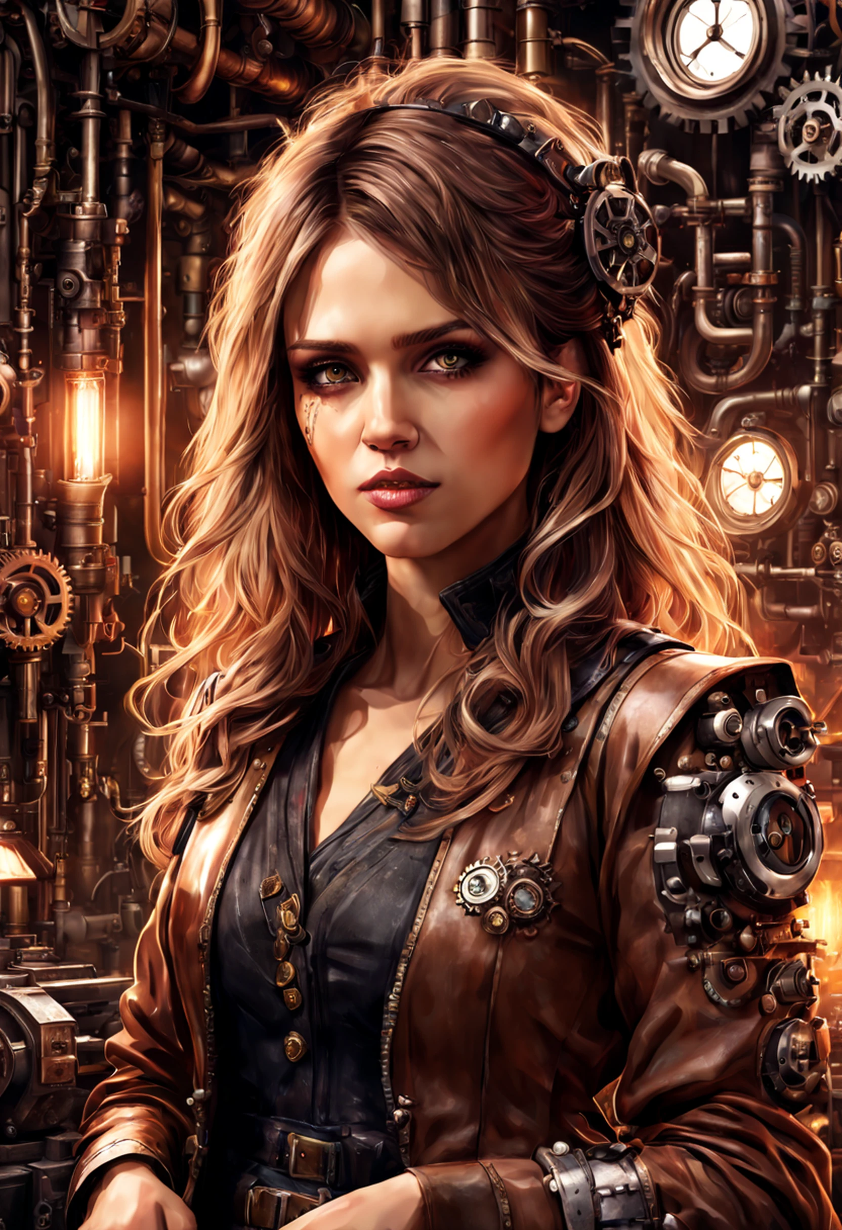 Jessica Alba, (absurdres, highres, ultra detailed), 1woman, mature female, aged, long wavy hair, split-colored hair, heterochromia, bangs, long sleeves, finely detailed eyes and detailed face, extremely detailed CG unit 8k wallpaper, intricate details, (style-rustmagic: 0.8), (medieval cyborg: 0.8), portrait, (bloody wounds:0.7), looking at the viewer, solo, half shot, detailed background, (steampunk theme:1.1) determined expression,  technomancer dark couds, floating lights, colorful leather vest with gears, techwear, jetpack, workshop in the background, machines, gears, steam, industry, technology, oven, dirt, anvil, buttons, levers, automaton, electricity, electric sparks epic atmosphere,, portrait